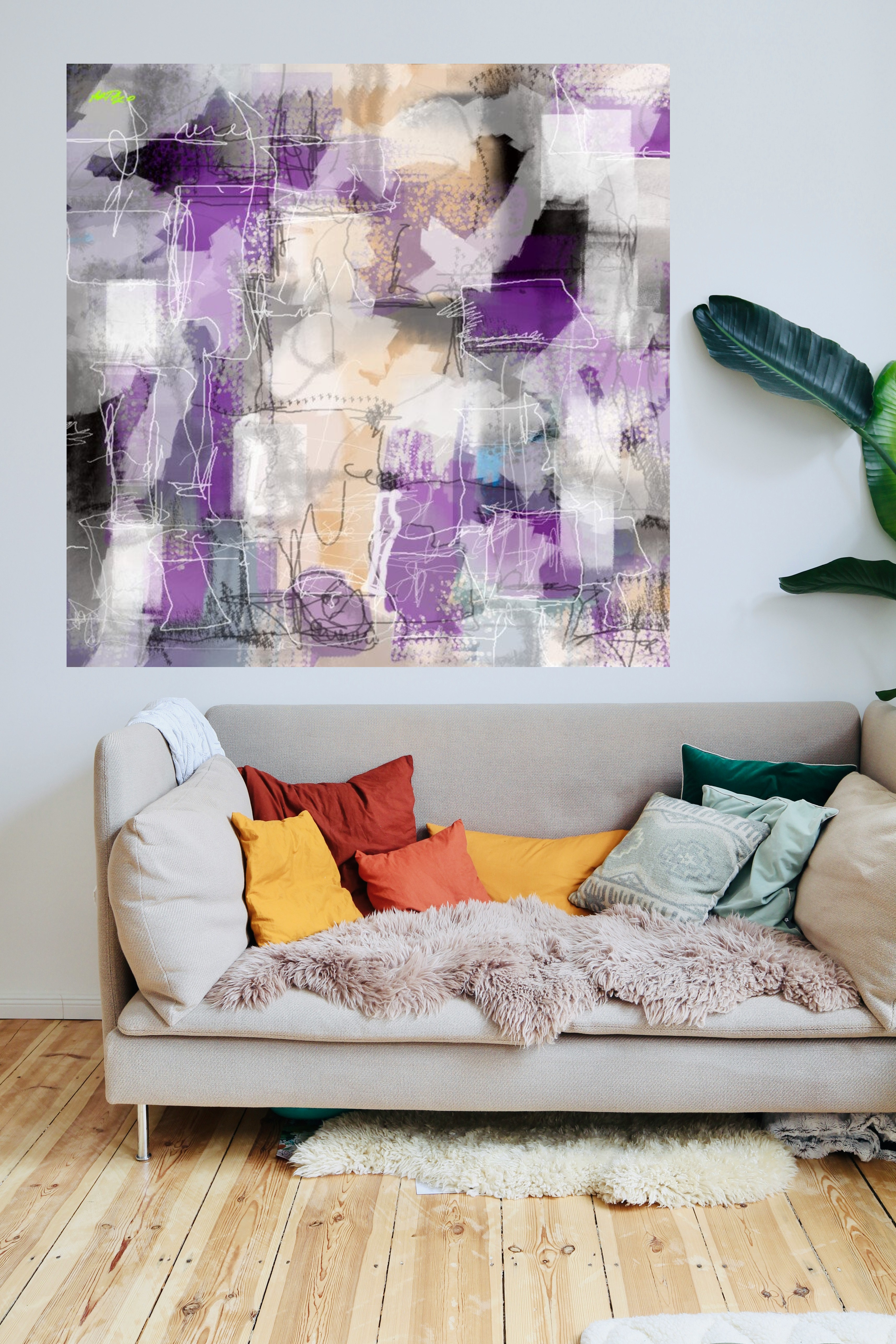 Vibrant Purple Digital Abstract — art on the wall, room interior preview 1