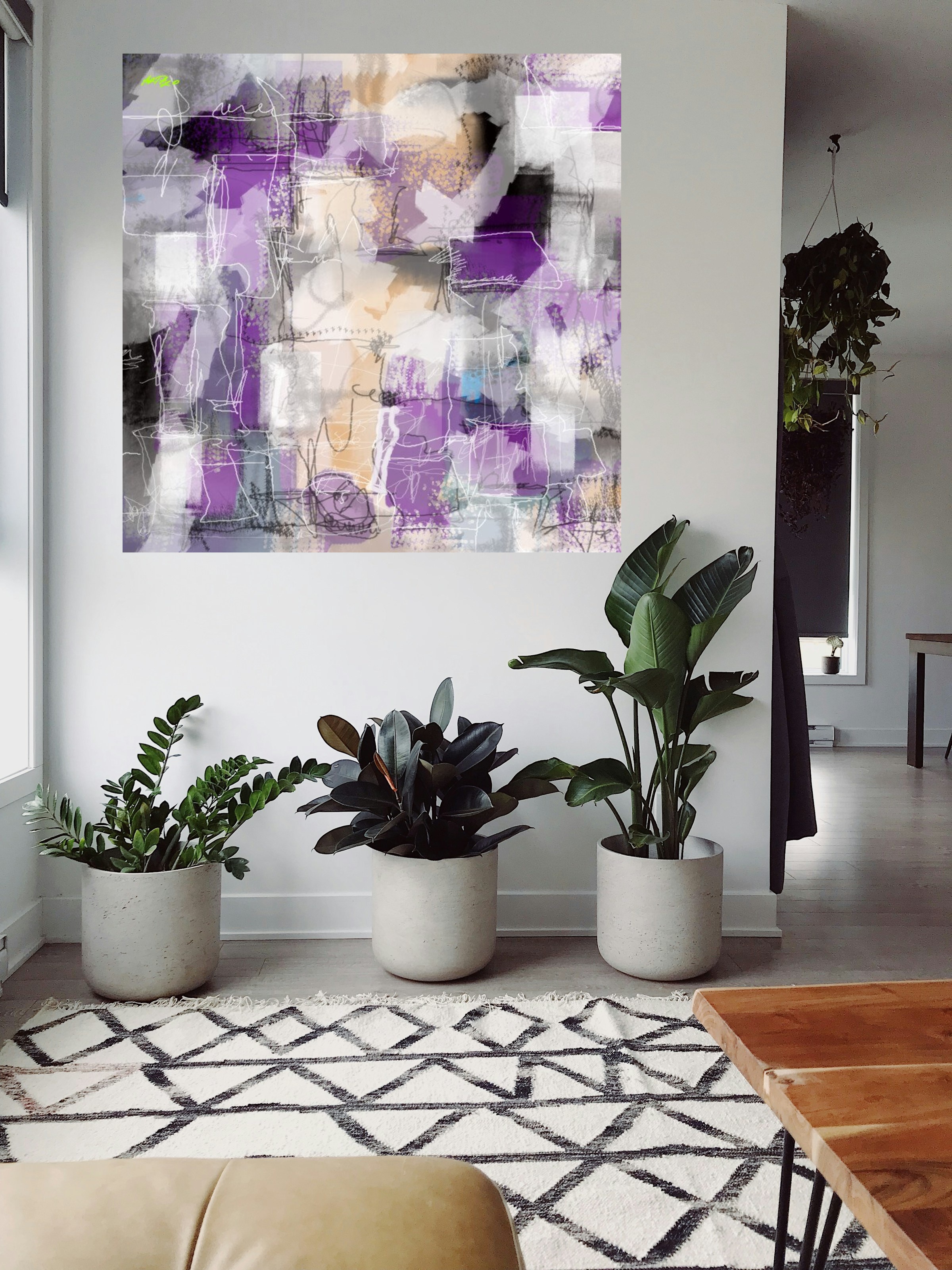 Vibrant Purple Digital Abstract — art on the wall, room interior preview 2