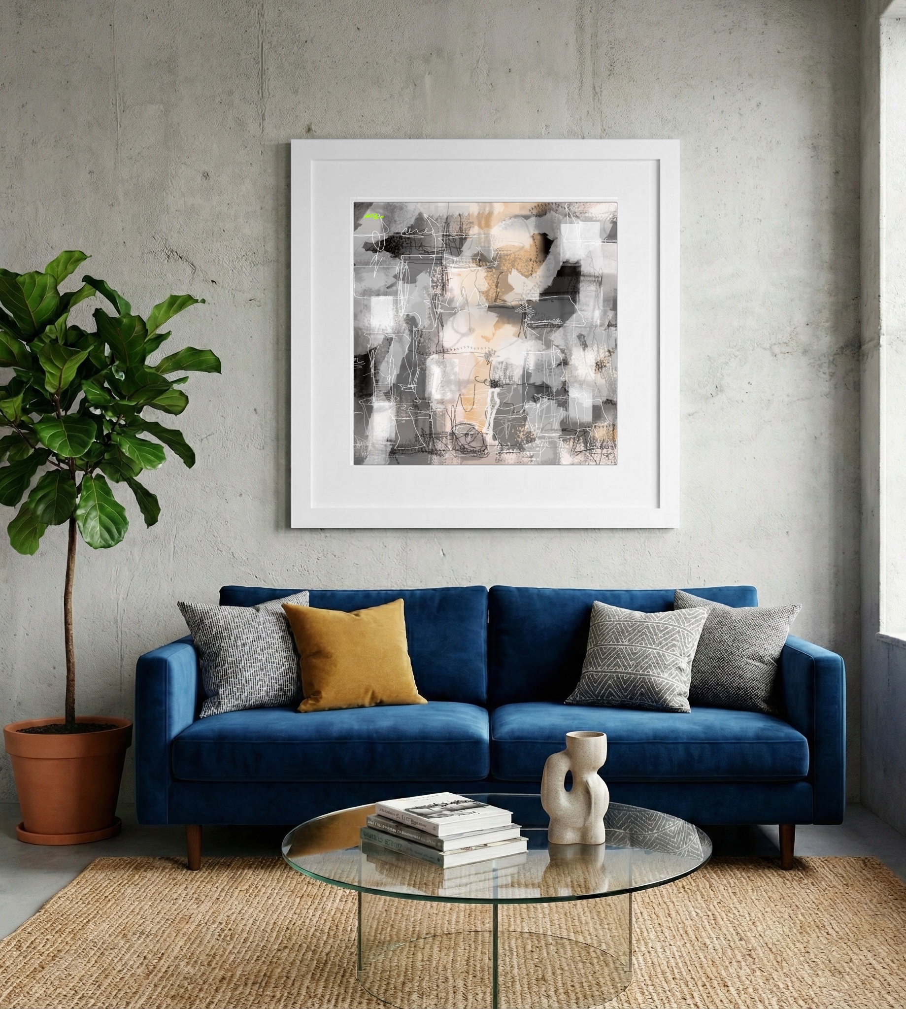 Dynamic Gray and Beige Abstract — art on the wall, room interior preview 2
