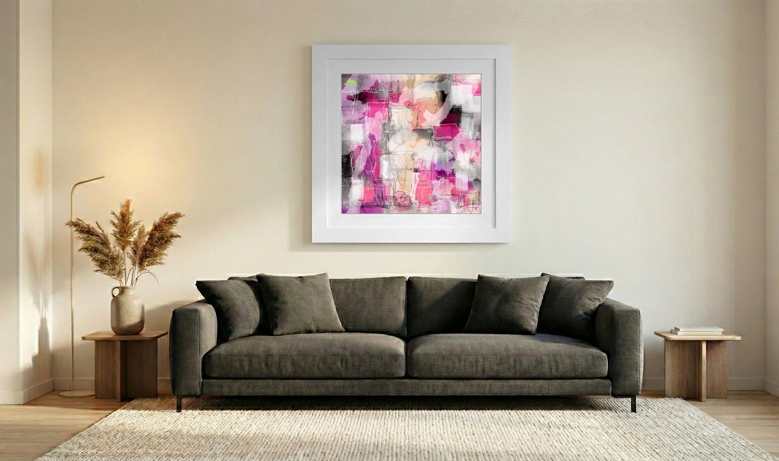 Warm Pink Abstract Composition — art on the wall, room interior preview 3