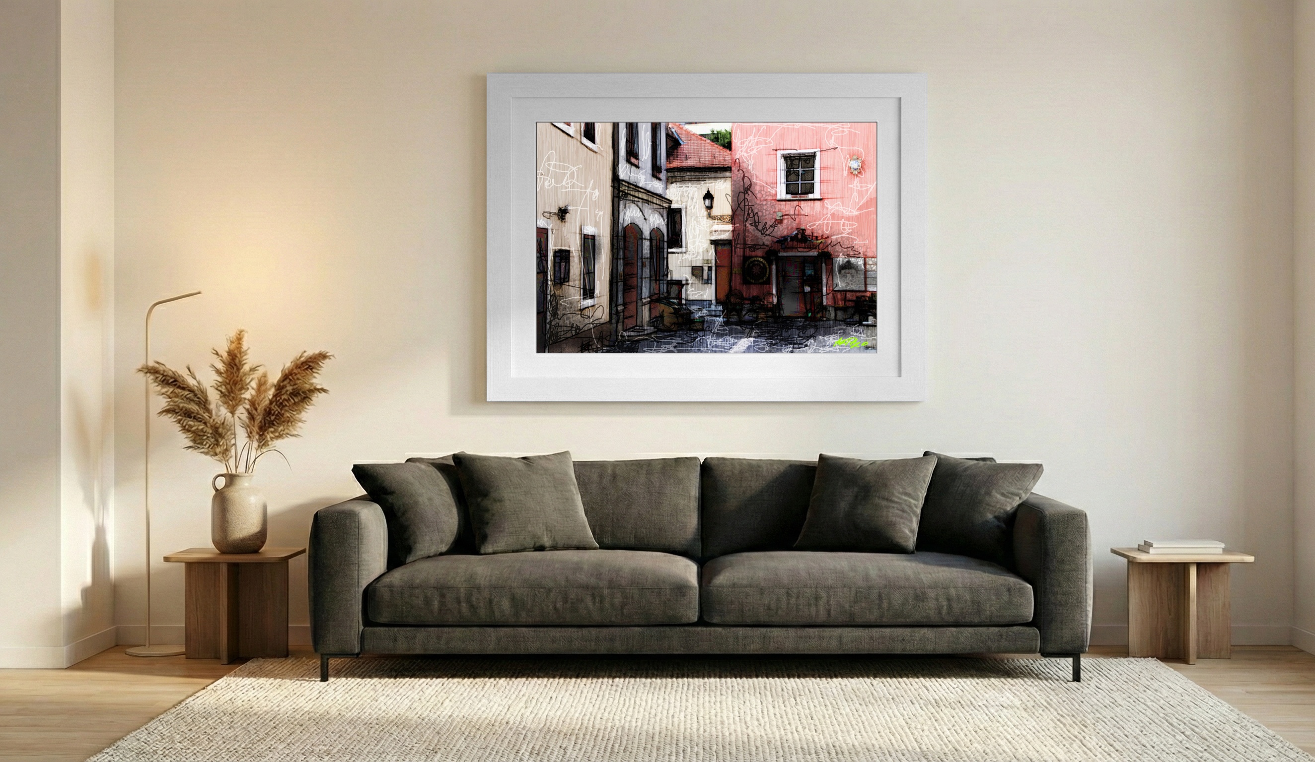 Charming Pink Gyor Street Scene — art on the wall, room interior preview 1