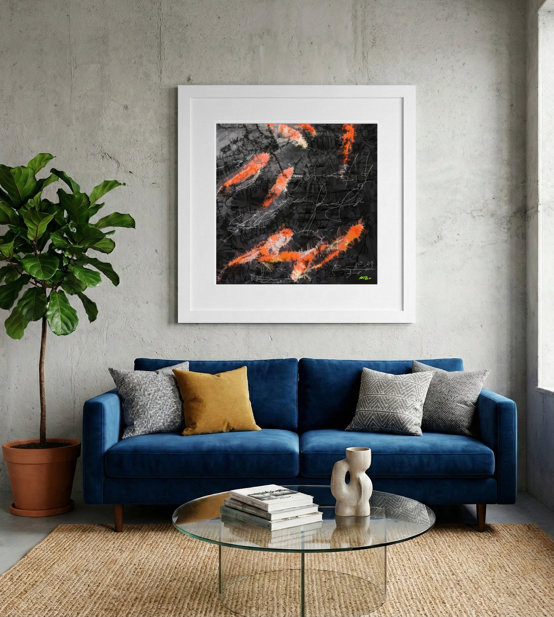 Vibrant Orange Koi on Black Canvas — art on the wall, room interior preview 2