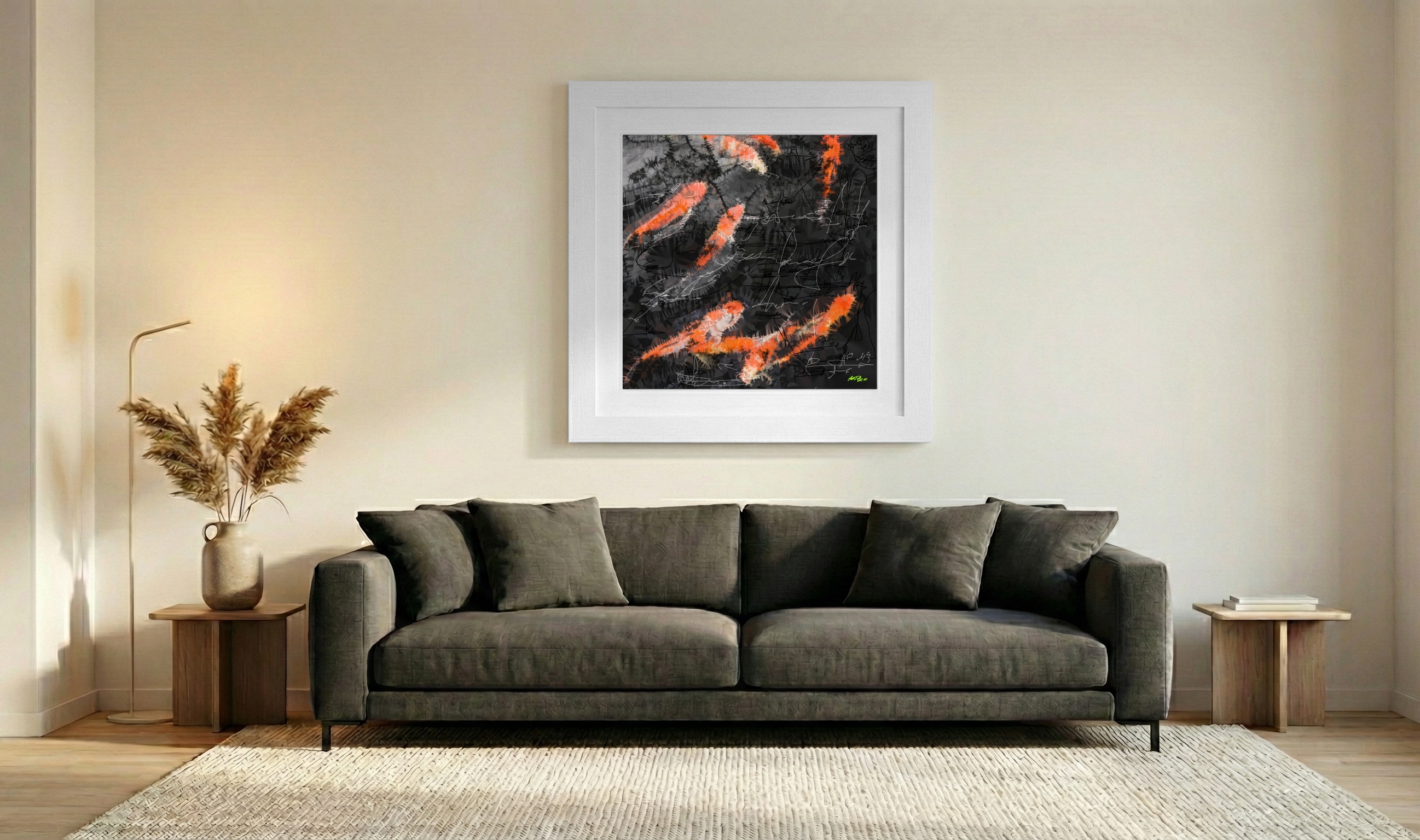 Vibrant Orange Koi on Black Canvas — art on the wall, room interior preview 3