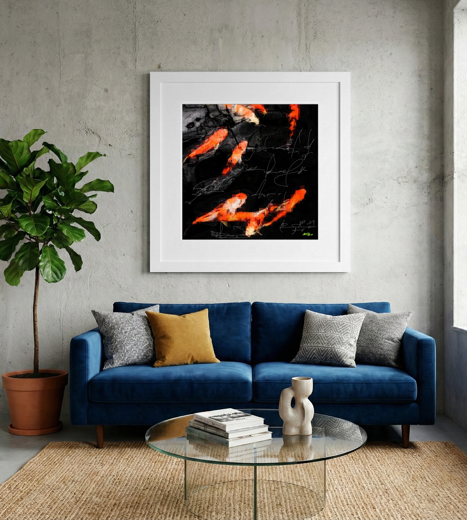 Dynamic Orange Koi Fish Digital Art — art on the wall, room interior preview 2