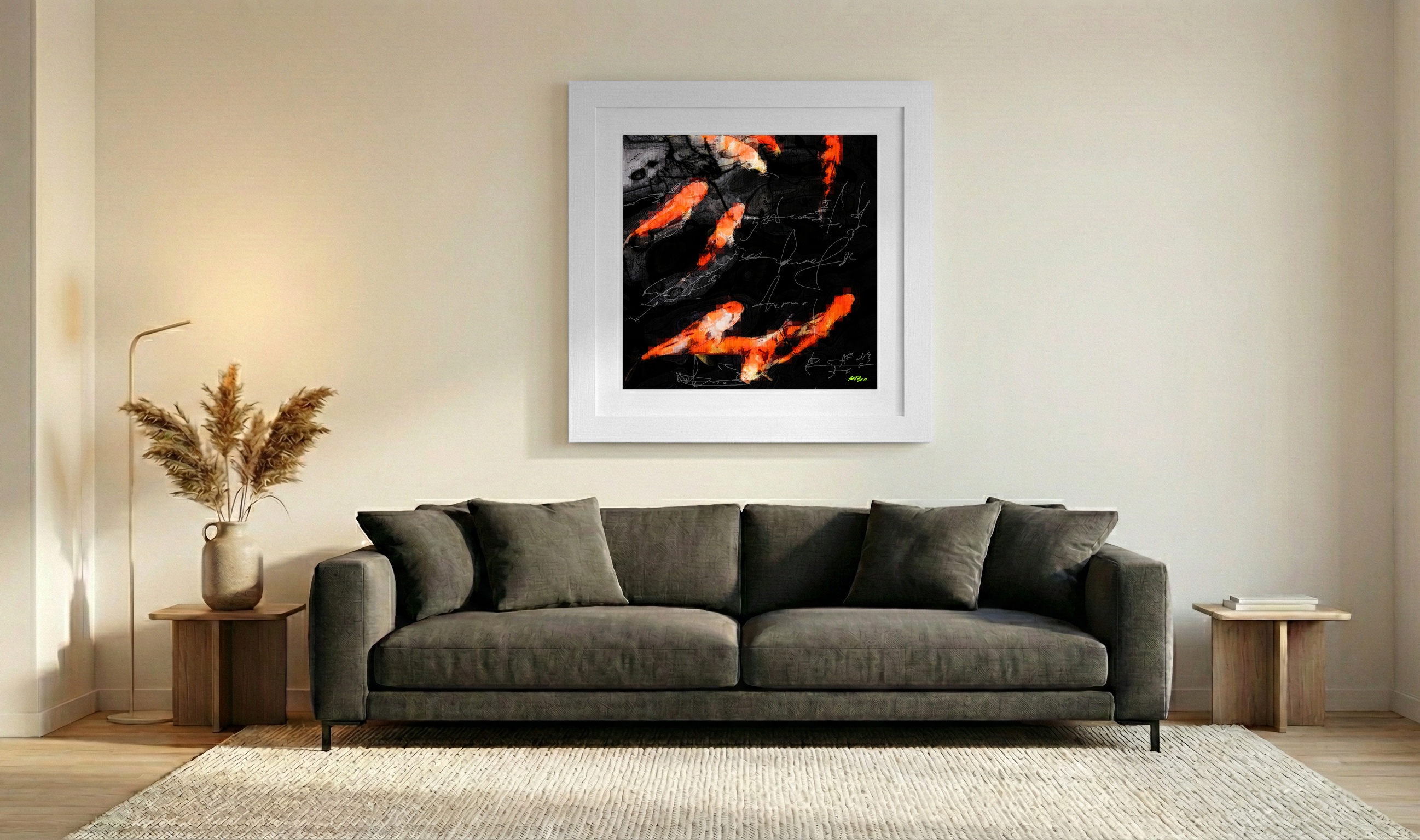 Dynamic Orange Koi Fish Digital Art — art on the wall, room interior preview 3