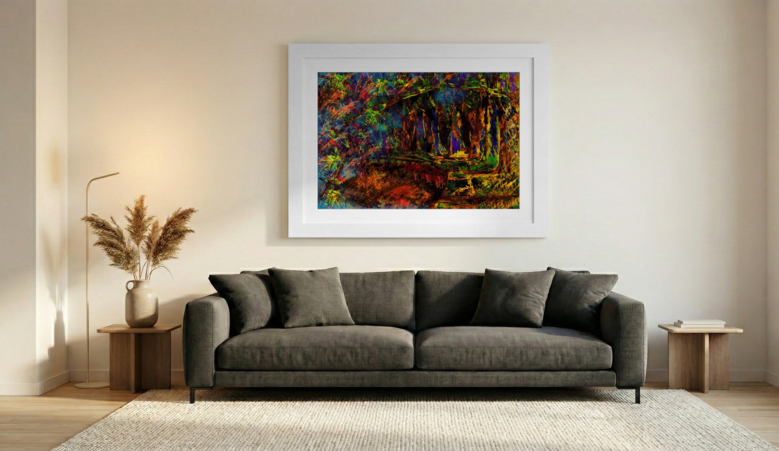 Emerald and Orange Abstract Forest Scene — art on the wall, room interior preview 1