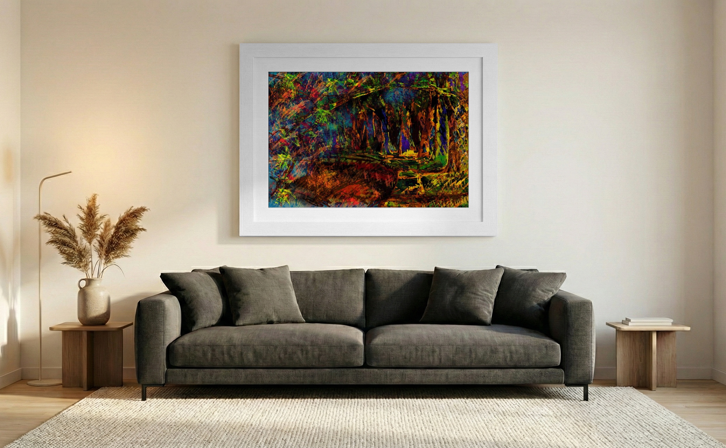 Emerald and Orange Abstract Forest Scene — art on the wall, room interior preview 2