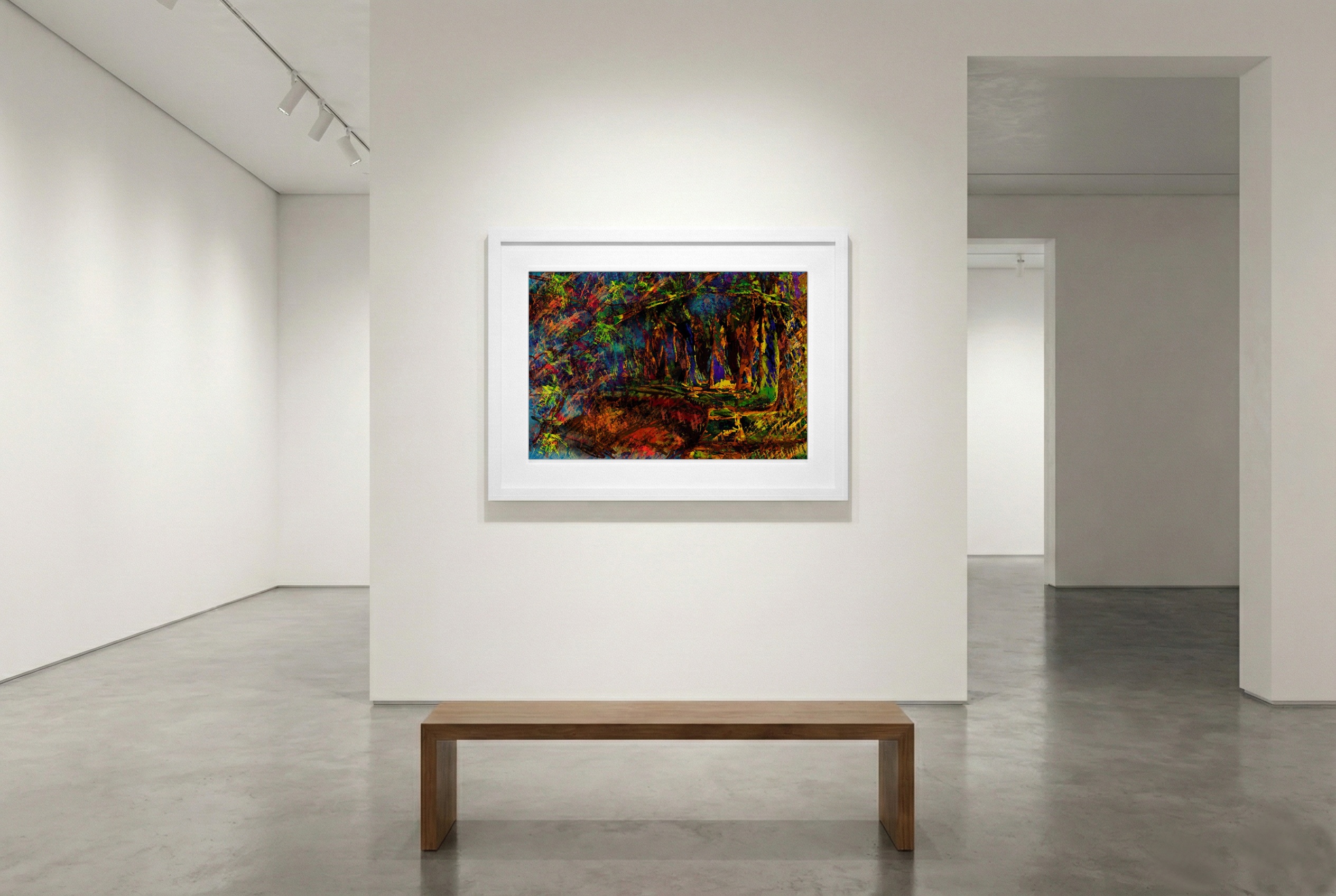 Emerald and Orange Abstract Forest Scene — art on the wall, room interior preview 3