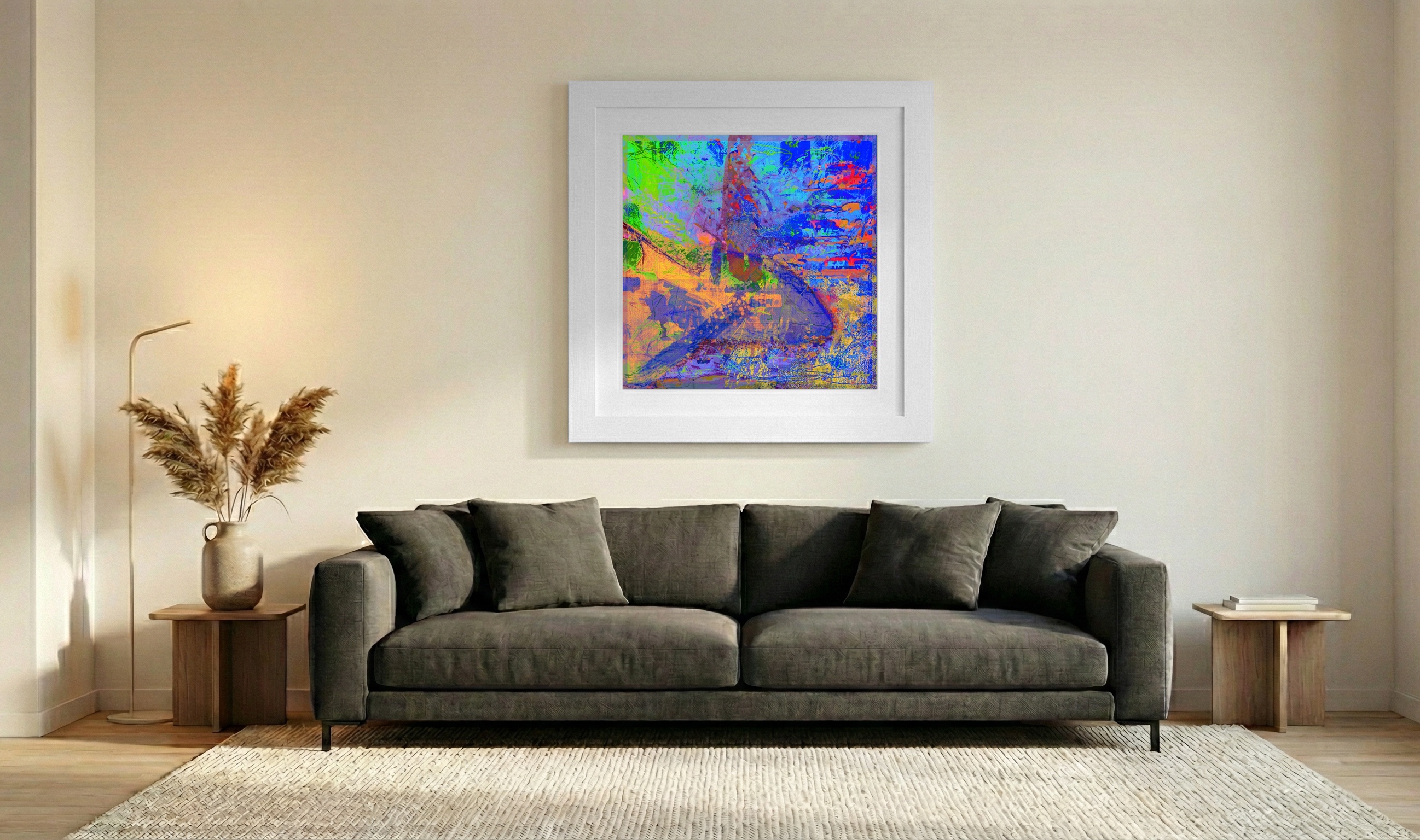 Aqua and Magenta Flowing Shapes — art on the wall, room interior preview 3