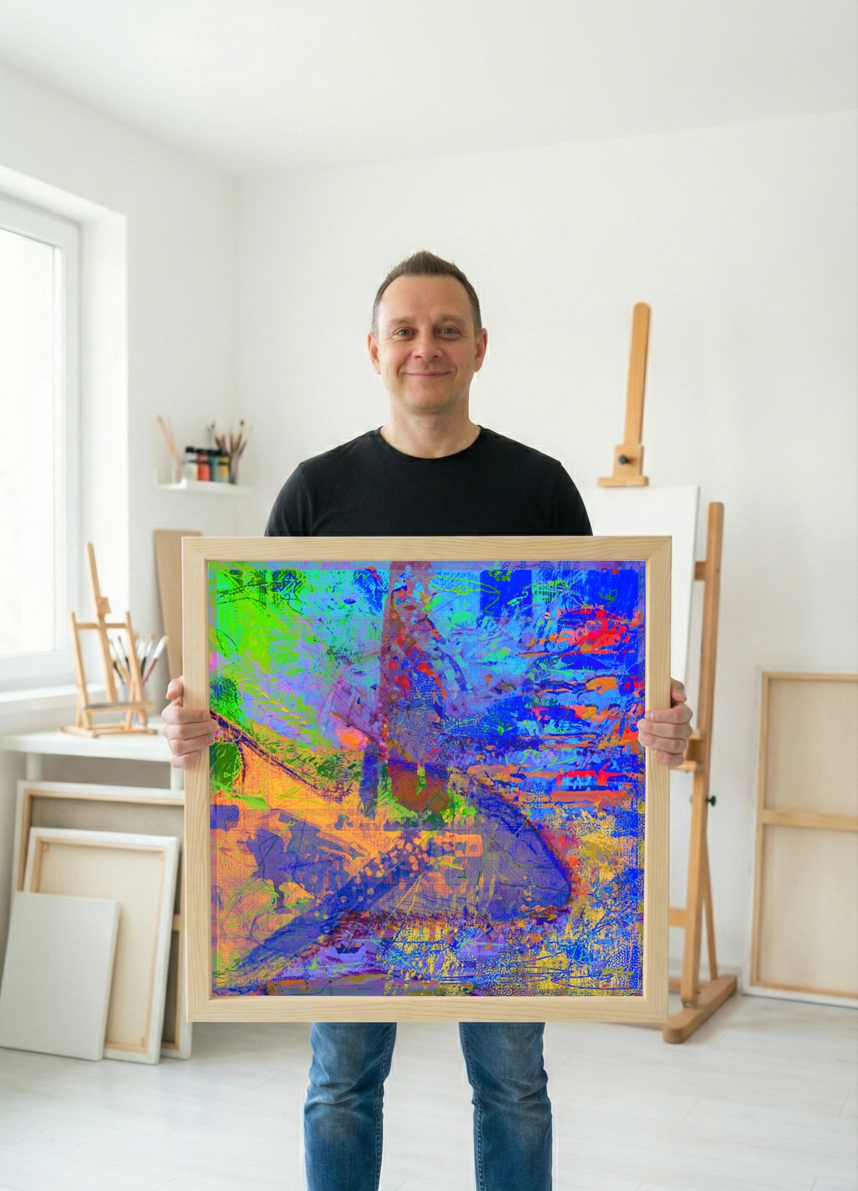 Aqua and Magenta Flowing Shapes — art on the wall, room interior preview 3