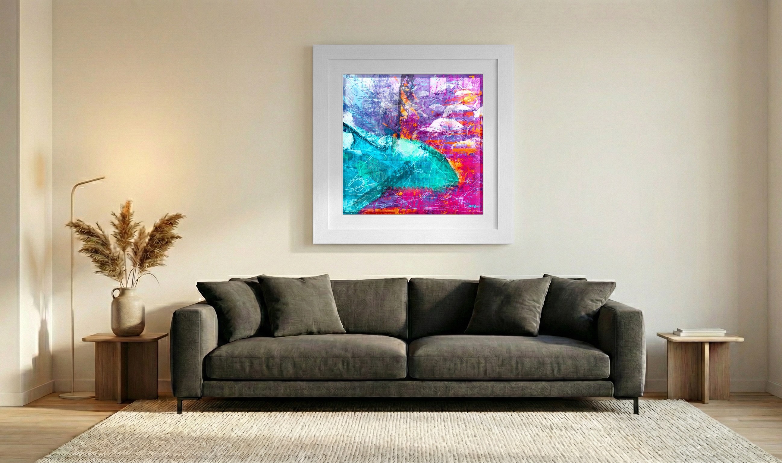 Pink and Teal Shark Swimming — art on the wall, room interior preview 3