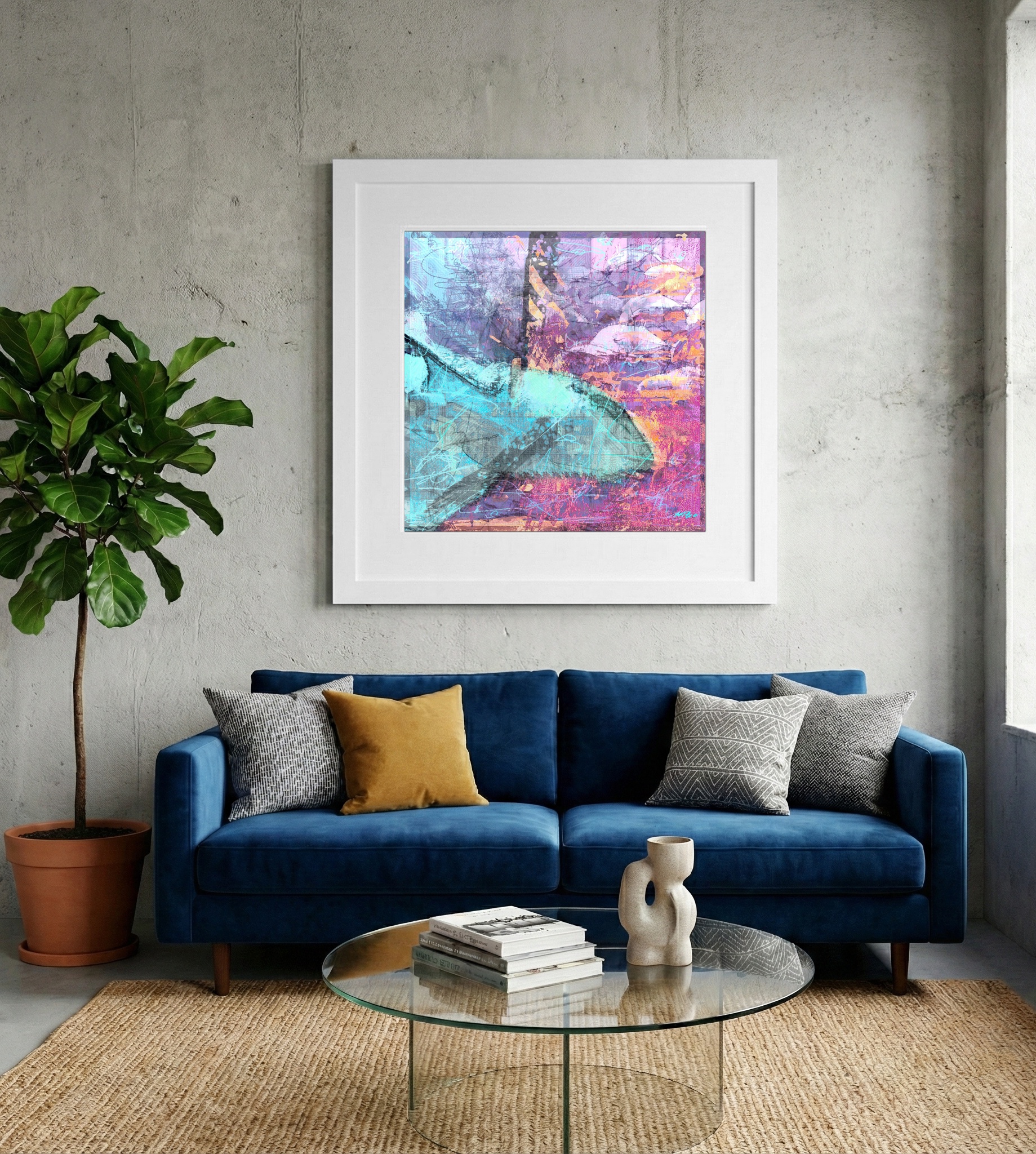 Teal and Pink Shark Digital Art — art on the wall, room interior preview 2