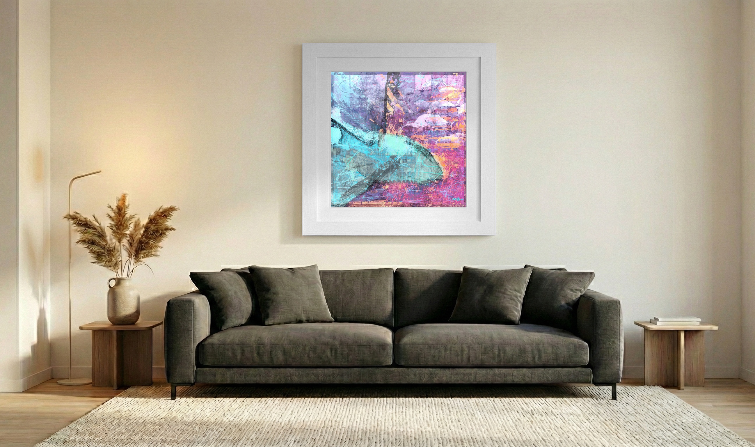 Teal and Pink Shark Digital Art — art on the wall, room interior preview 3