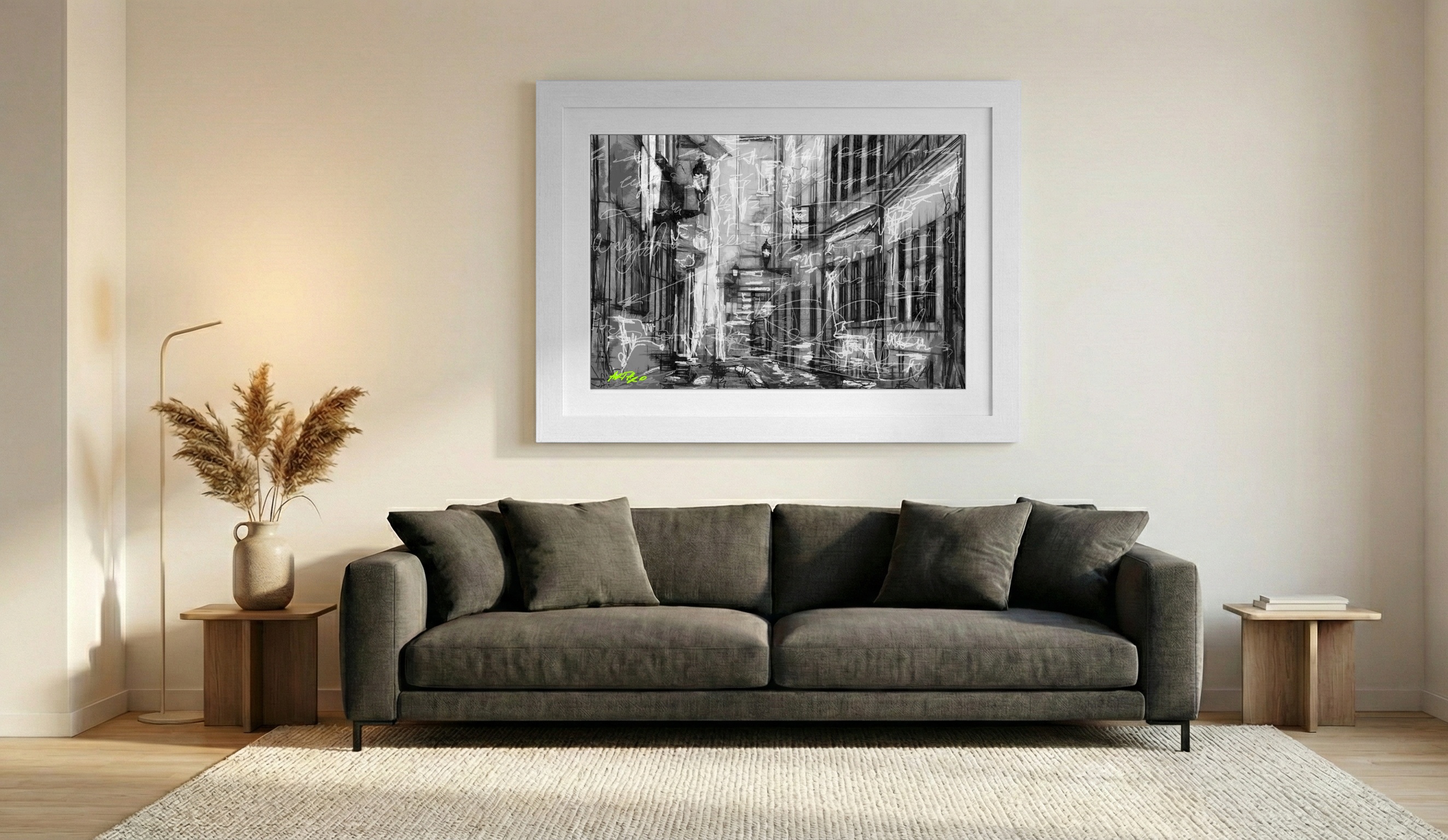 Monochrome Alleyway Digital Art — art on the wall, room interior preview 1