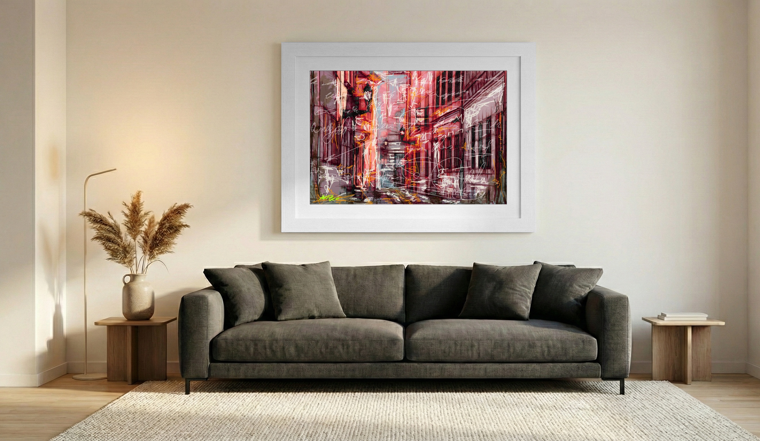 Vivid Red Urban Scene Digital Art — art on the wall, room interior preview 1