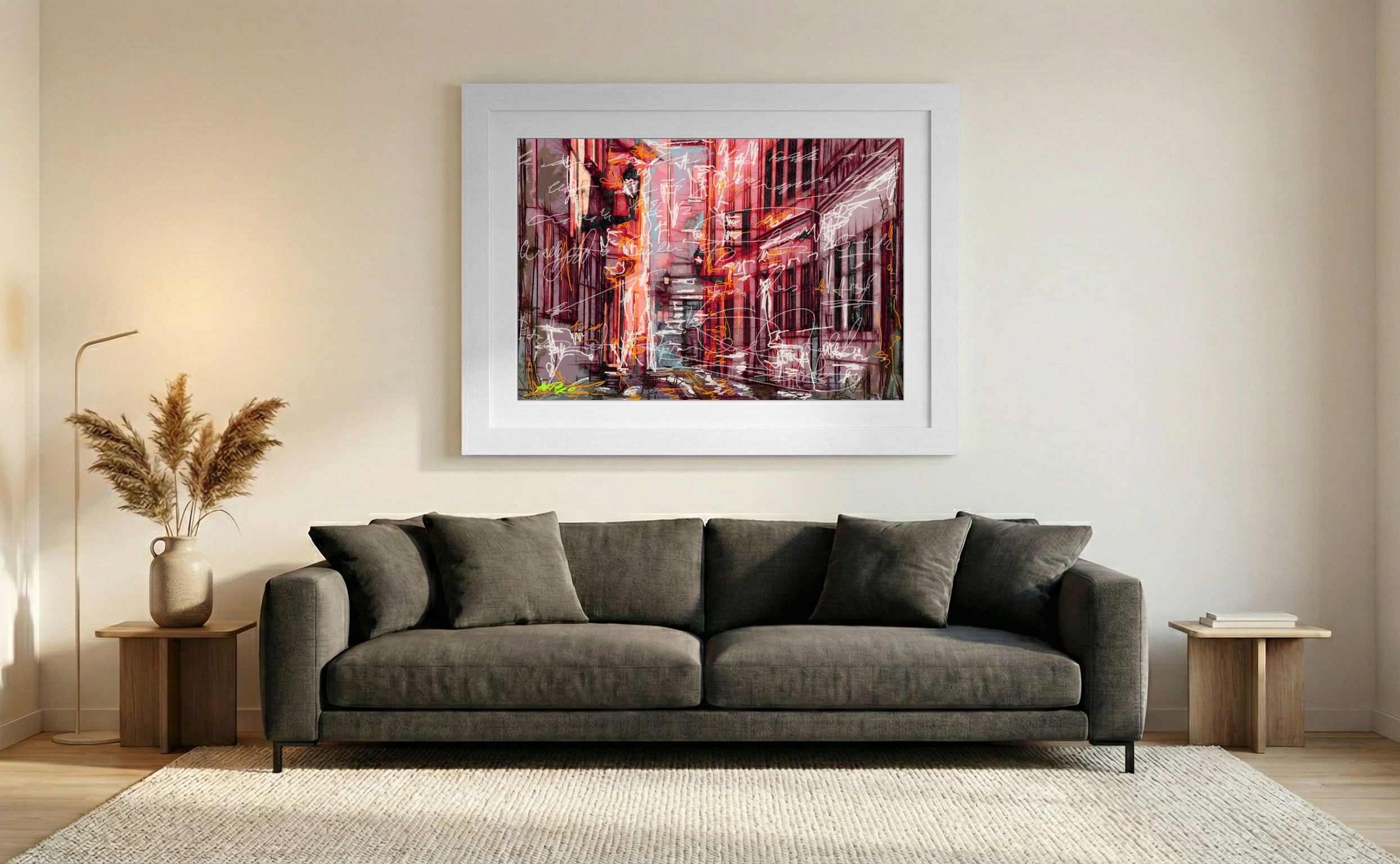 Vivid Red Urban Scene Digital Art — art on the wall, room interior preview 2