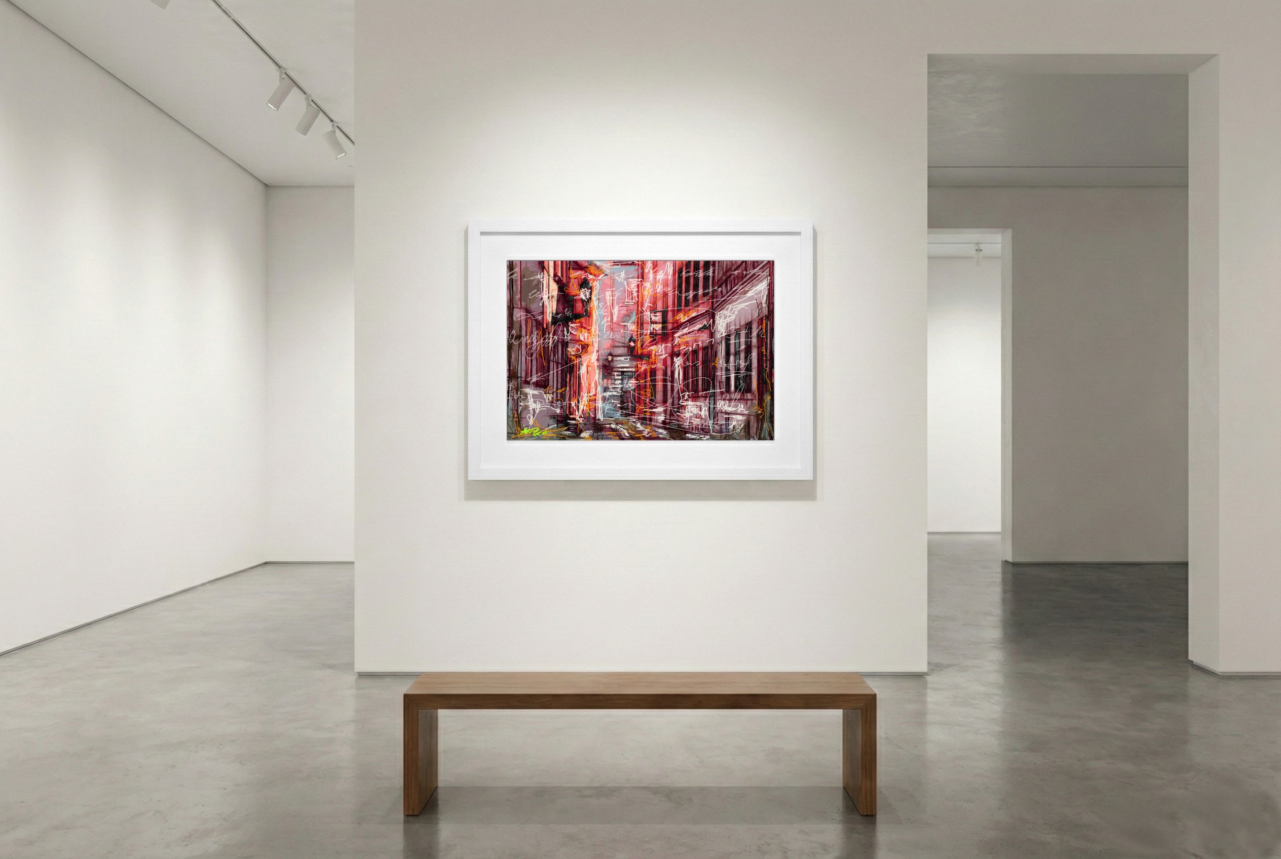 Vivid Red Urban Scene Digital Art — art on the wall, room interior preview 3