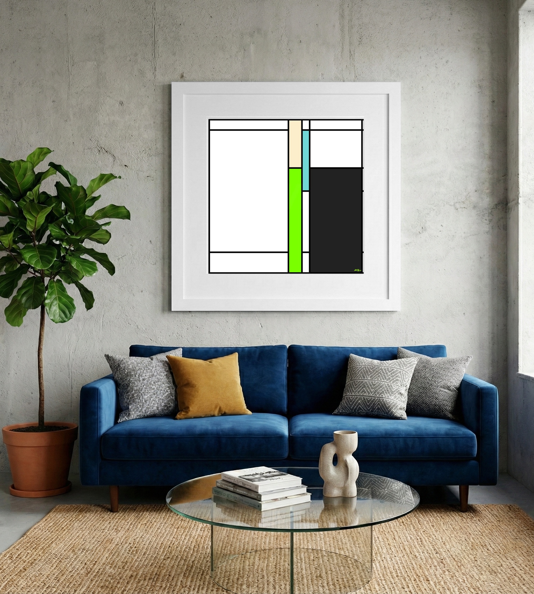 Neon Green and Black Geometric Digital Art — art on the wall, room interior preview 2