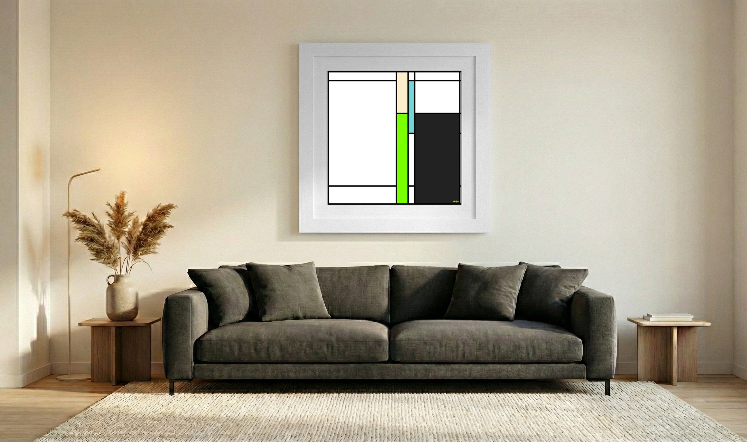 Neon Green and Black Geometric Digital Art — art on the wall, room interior preview 3