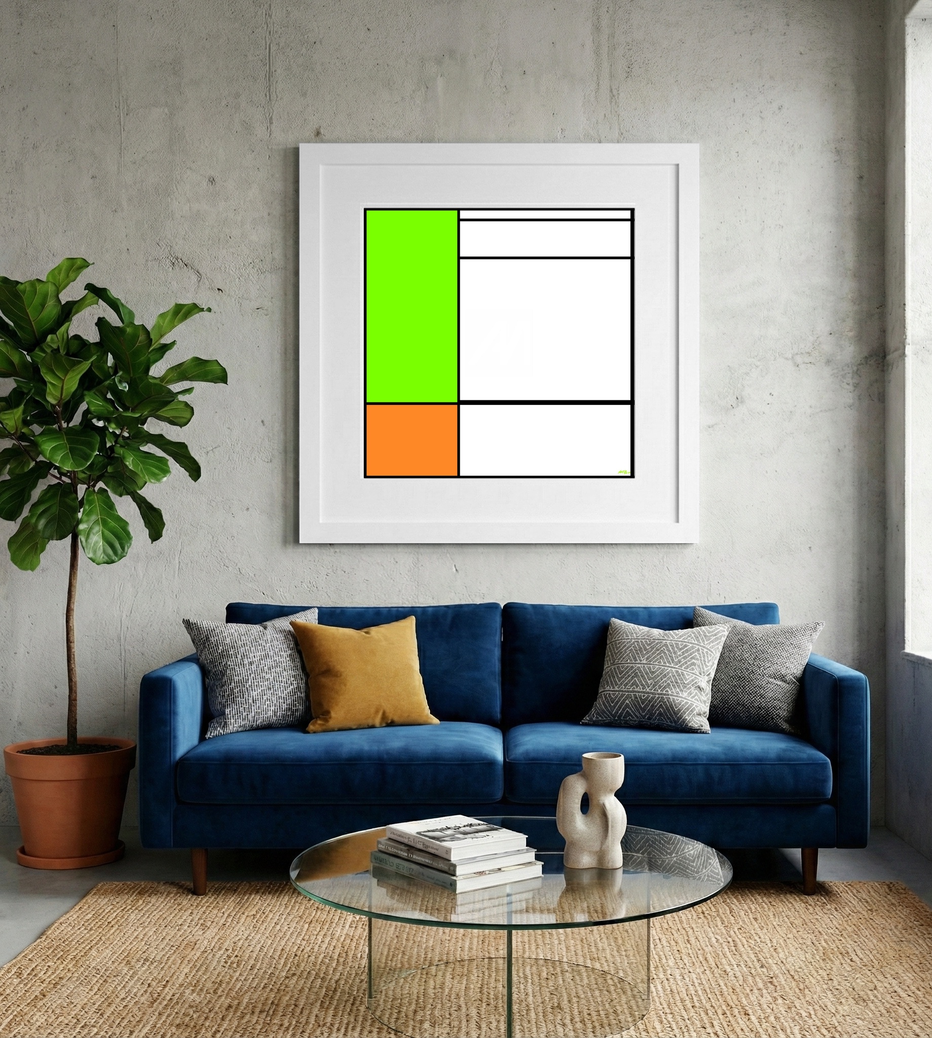 Bold Neon Green and Orange Digital Composition — art on the wall, room interior preview 2
