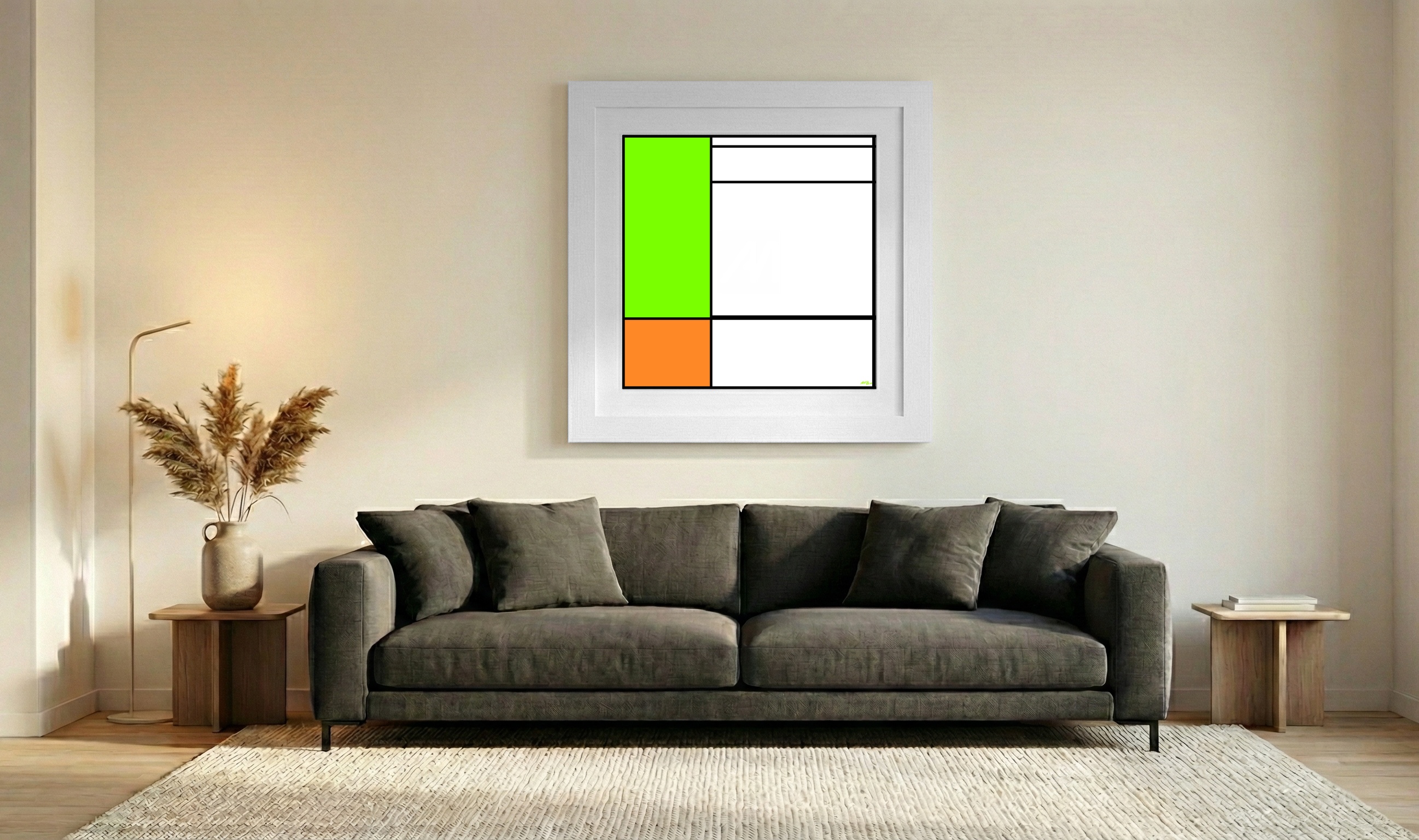 Bold Neon Green and Orange Digital Composition — art on the wall, room interior preview 3