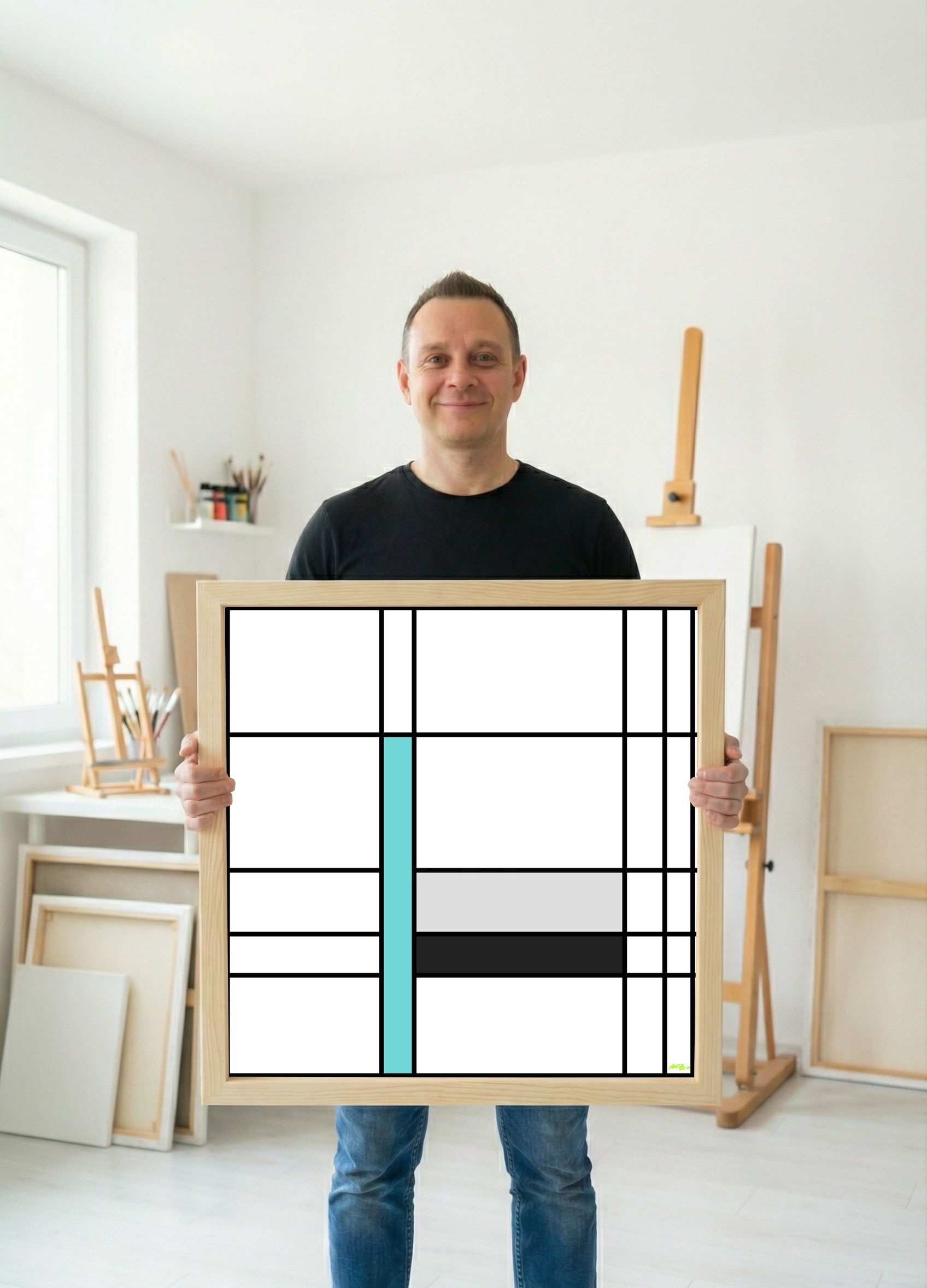 Teal and Black Geometric Digital Art — art on the wall, room interior preview 3