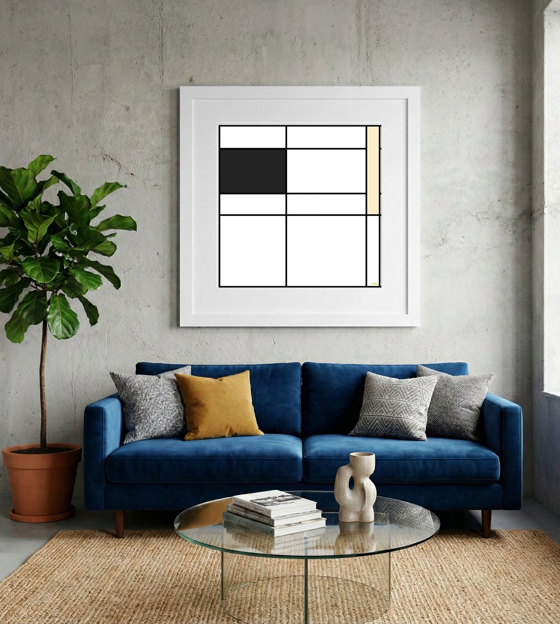 Black and White Shapes with Beige Highlights — art on the wall, room interior preview 2