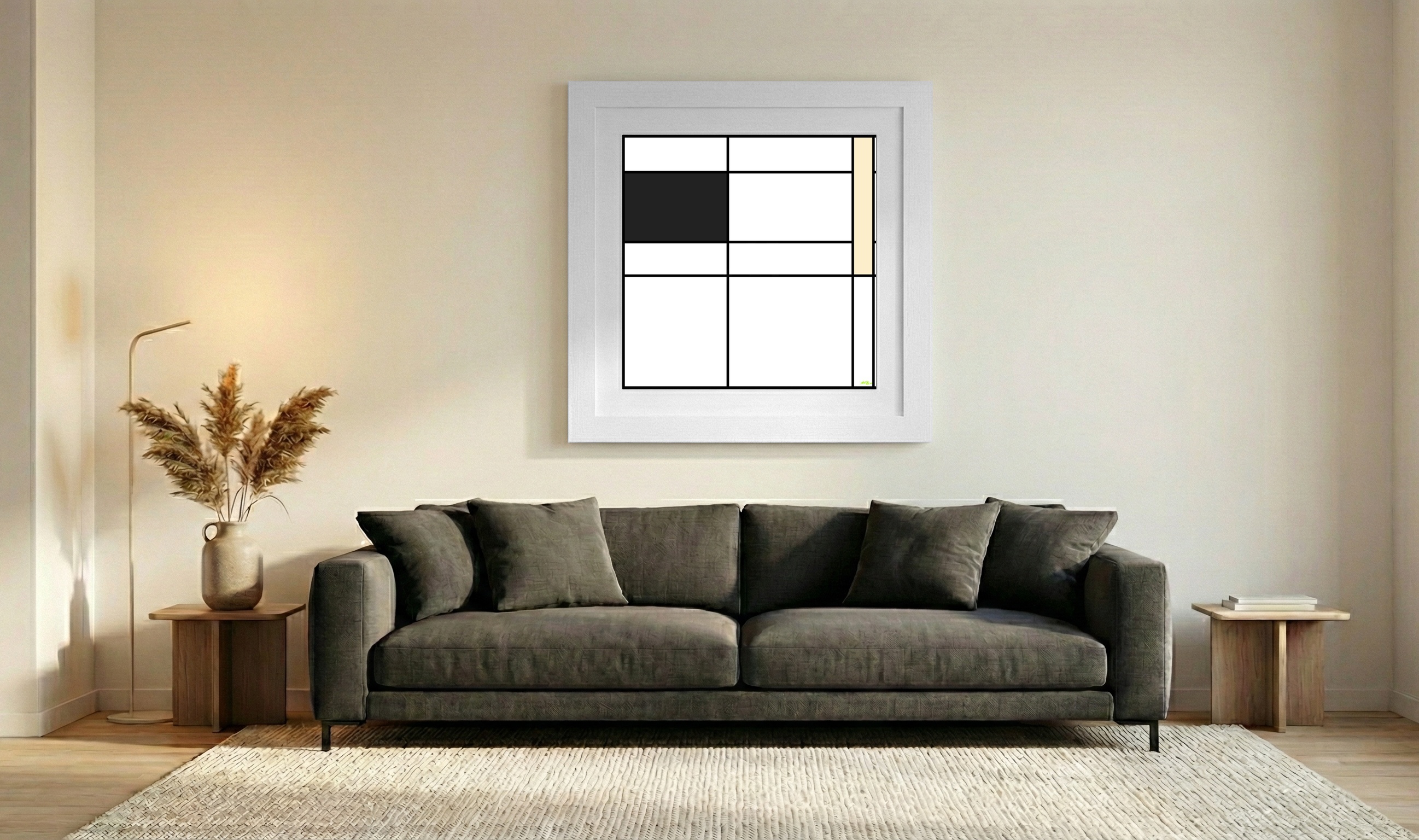 Black and White Shapes with Beige Highlights — art on the wall, room interior preview 3