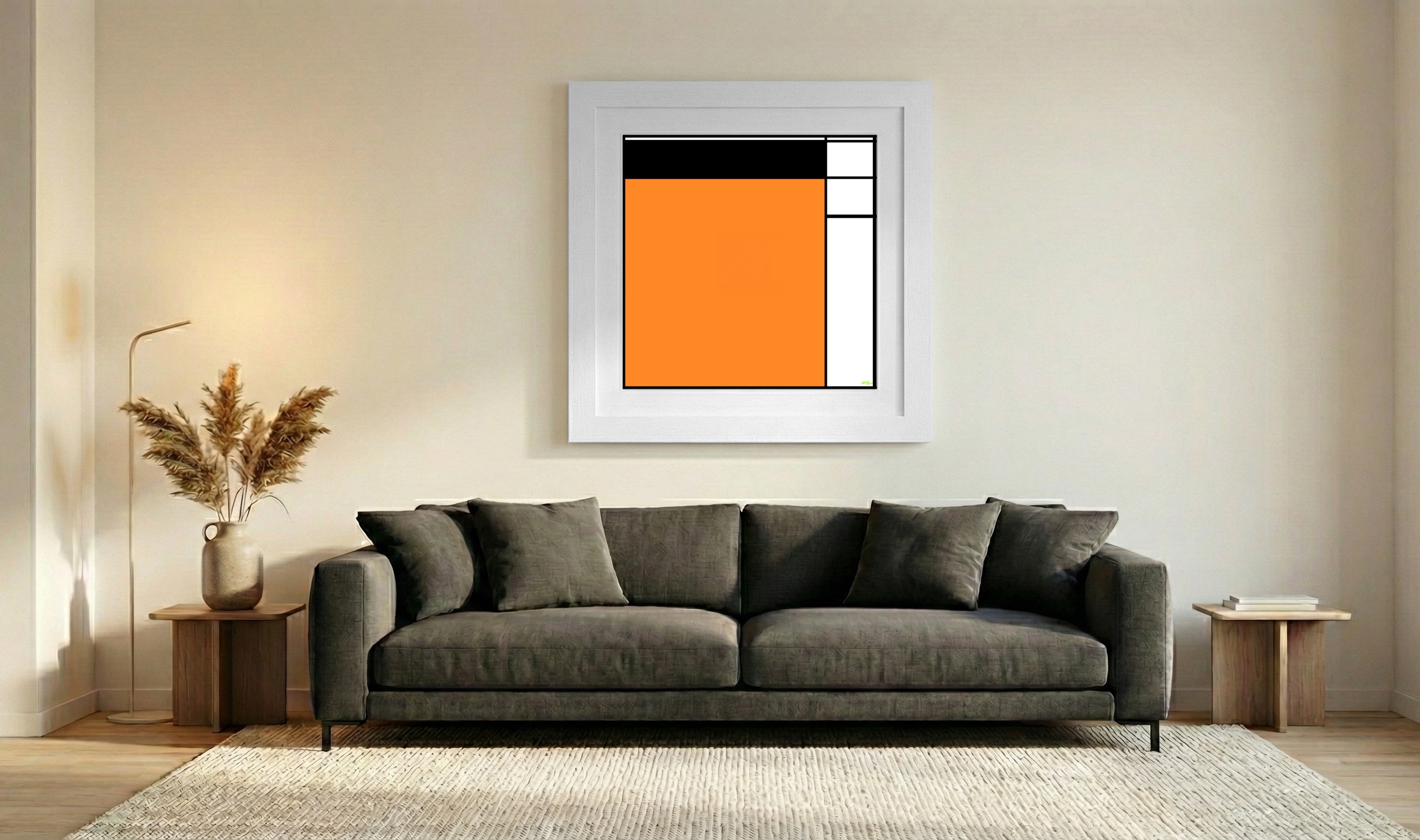 Vivid Orange Geometric Digital Artwork — art on the wall, room interior preview 3