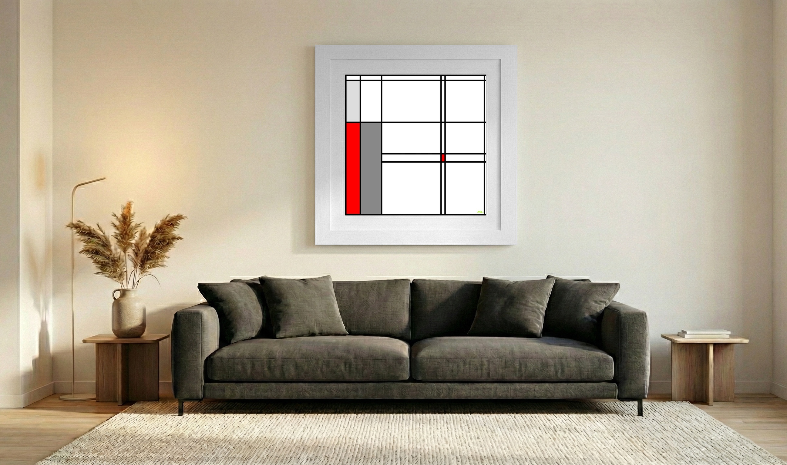 Red and Gray Abstract Digital Composition — art on the wall, room interior preview 3