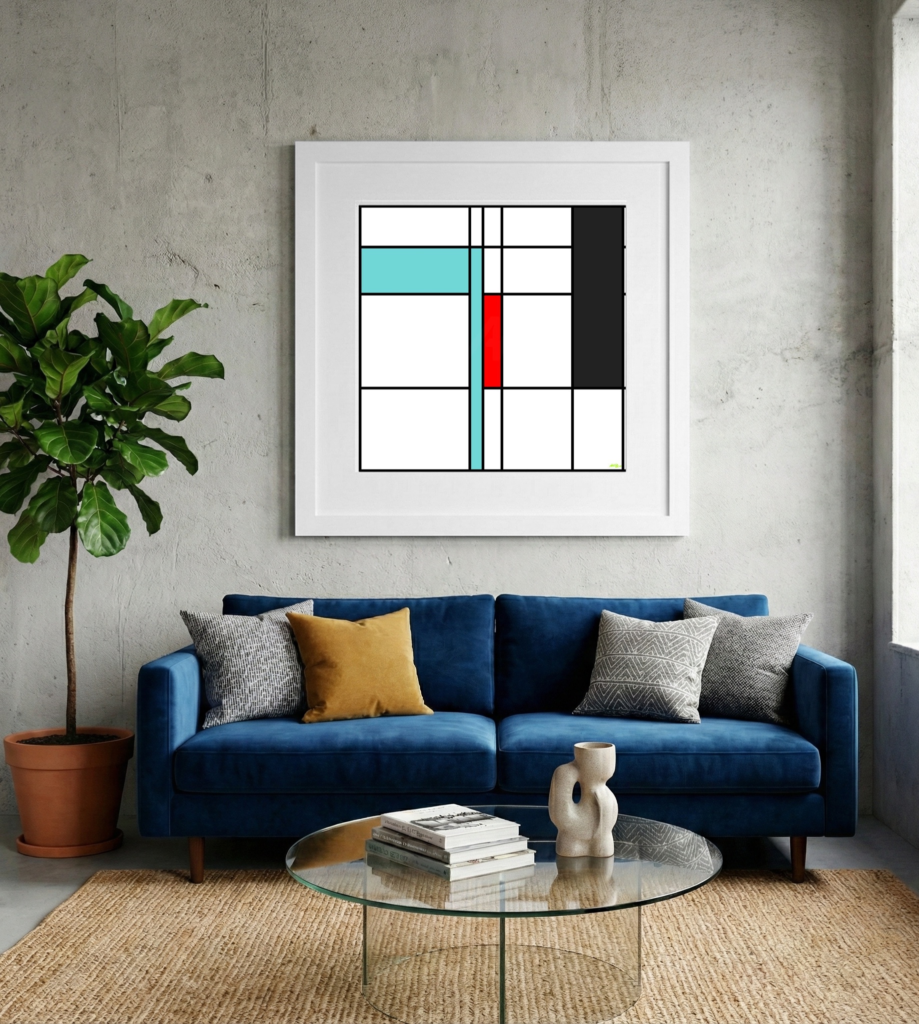 Vibrant Teal and Red Geometric Art — art on the wall, room interior preview 2