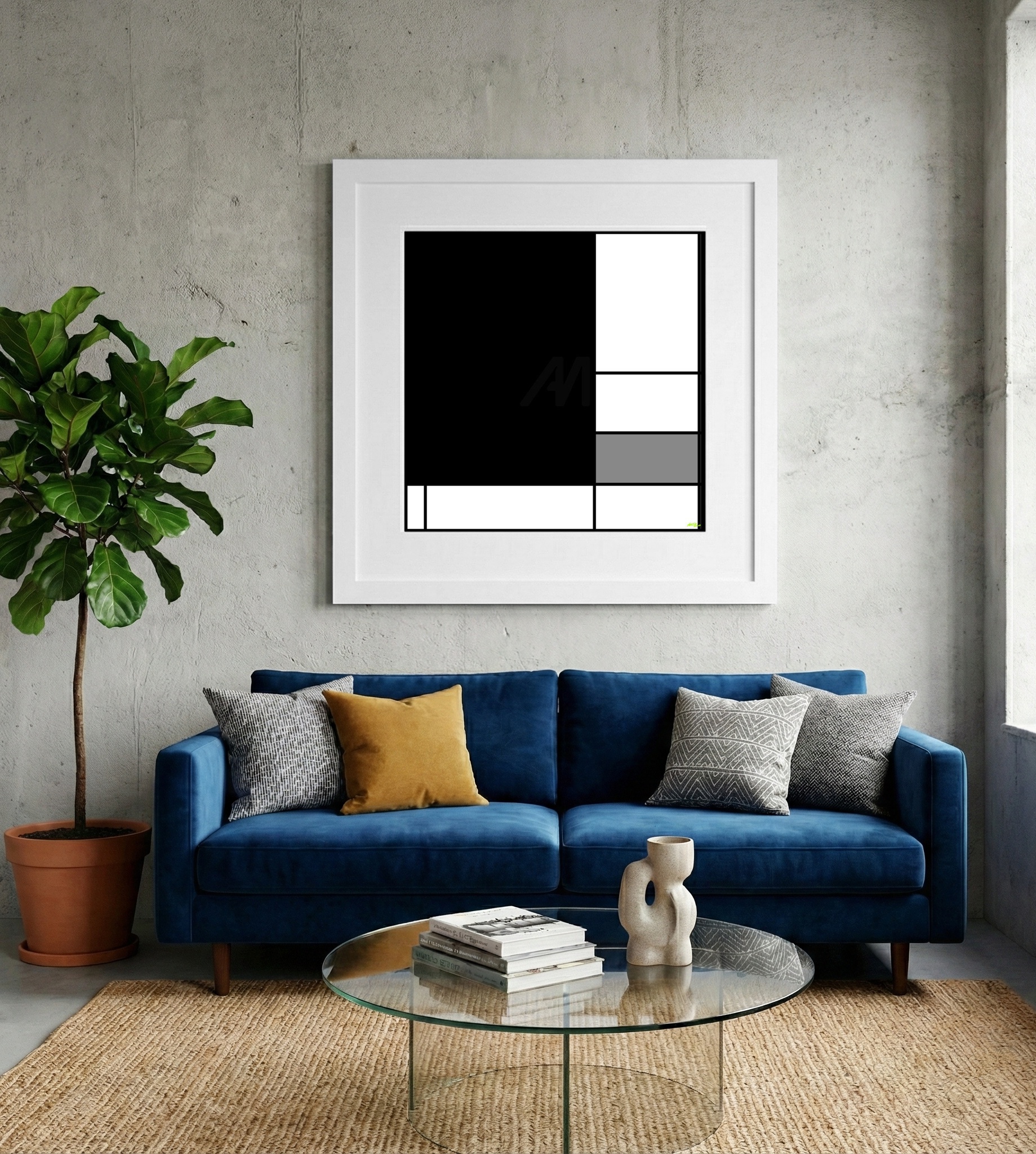 Minimalist Black and White Digital Composition — art on the wall, room interior preview 2