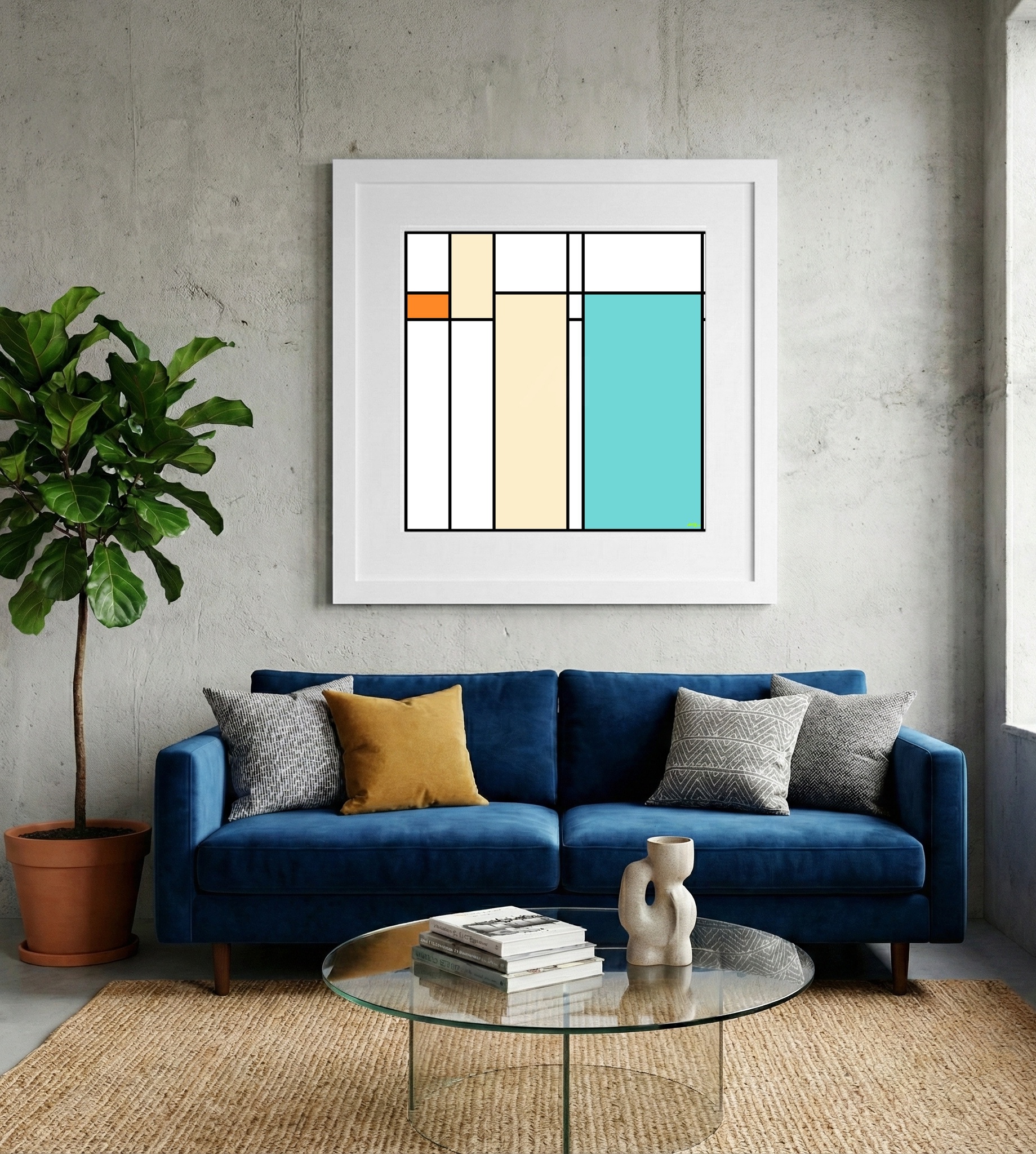 Turquoise and Orange Geometric Digital Art — art on the wall, room interior preview 2