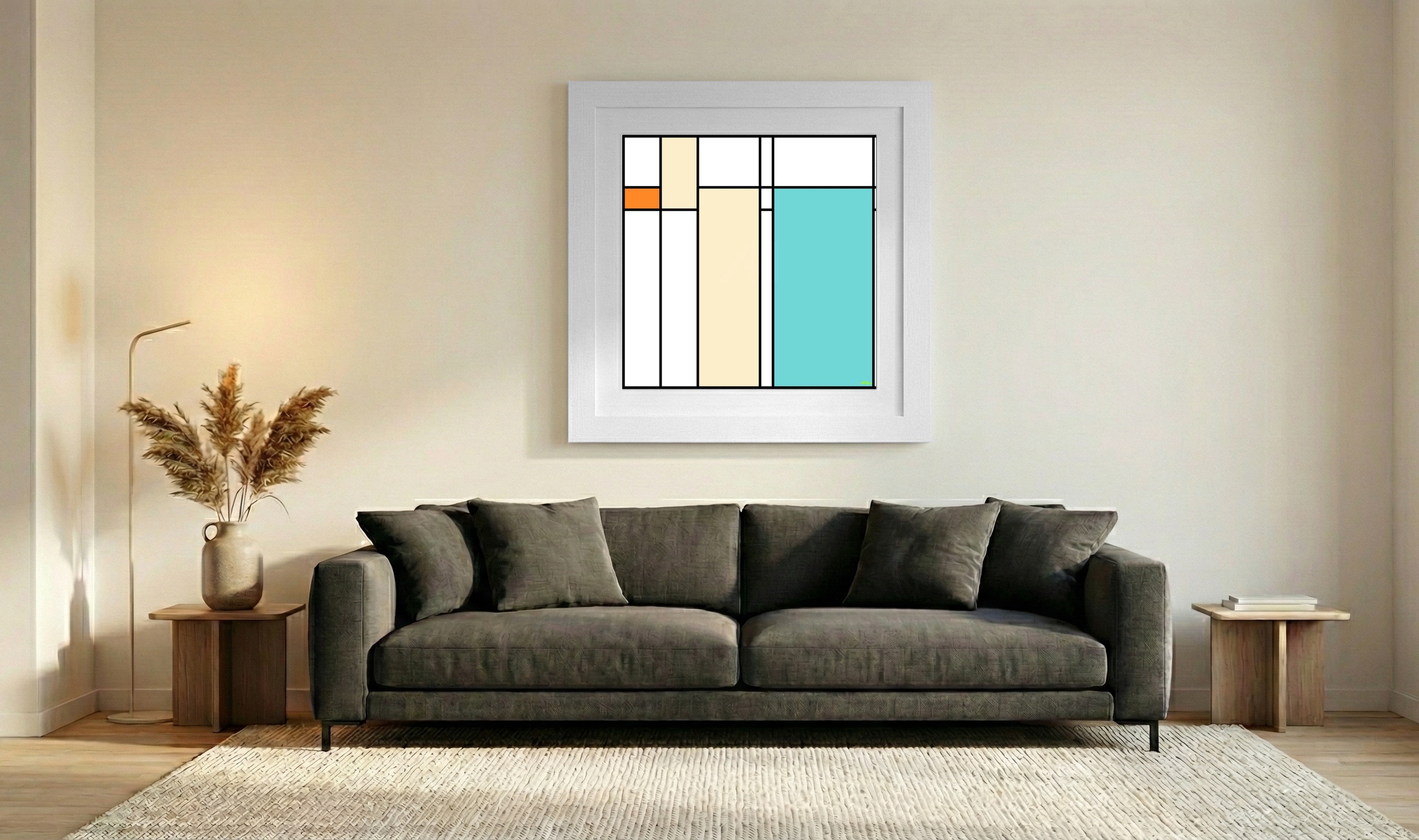 Turquoise and Orange Geometric Digital Art — art on the wall, room interior preview 3