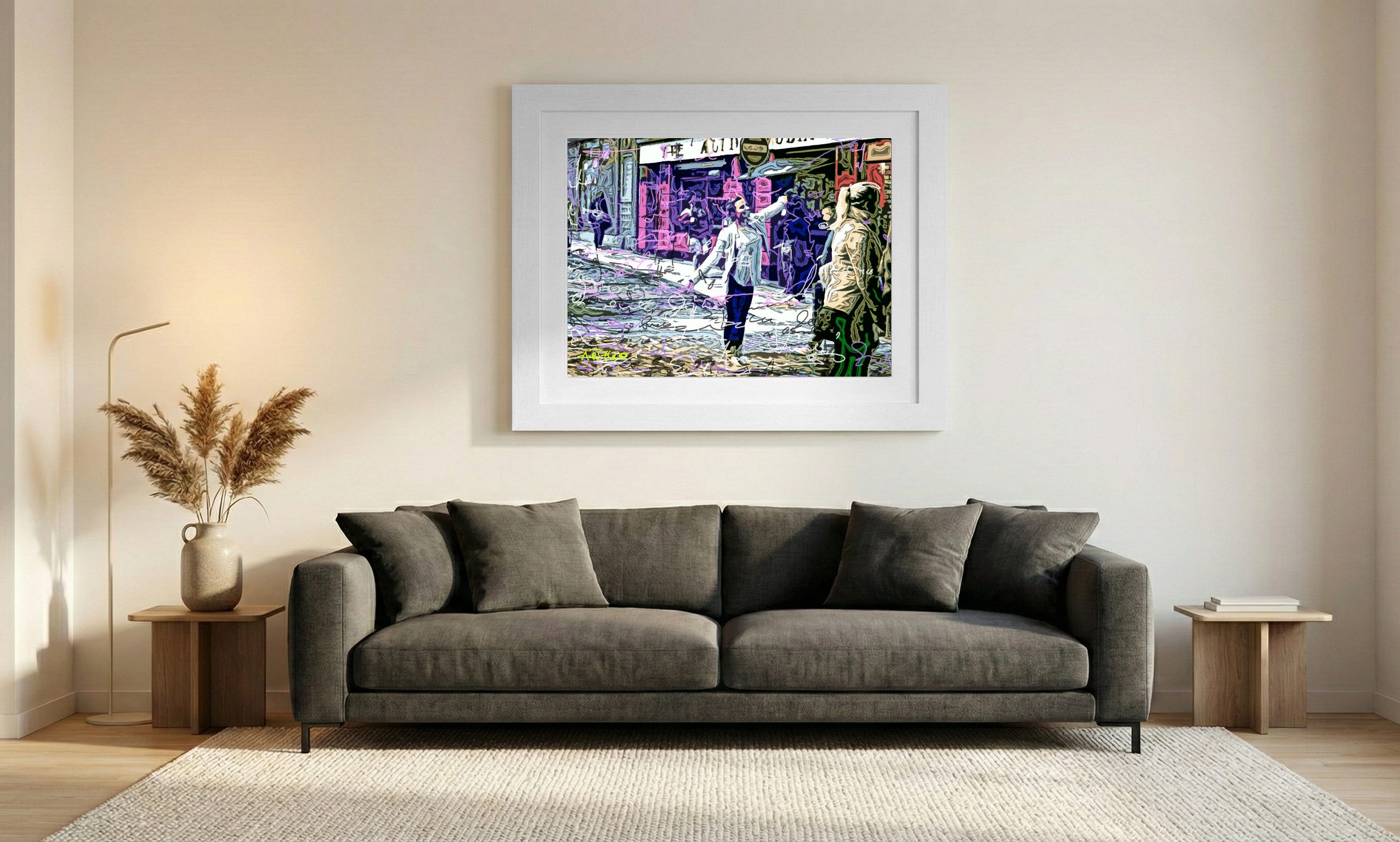 Vibrant Pink and Green Urban Scene — art on the wall, room interior preview 1