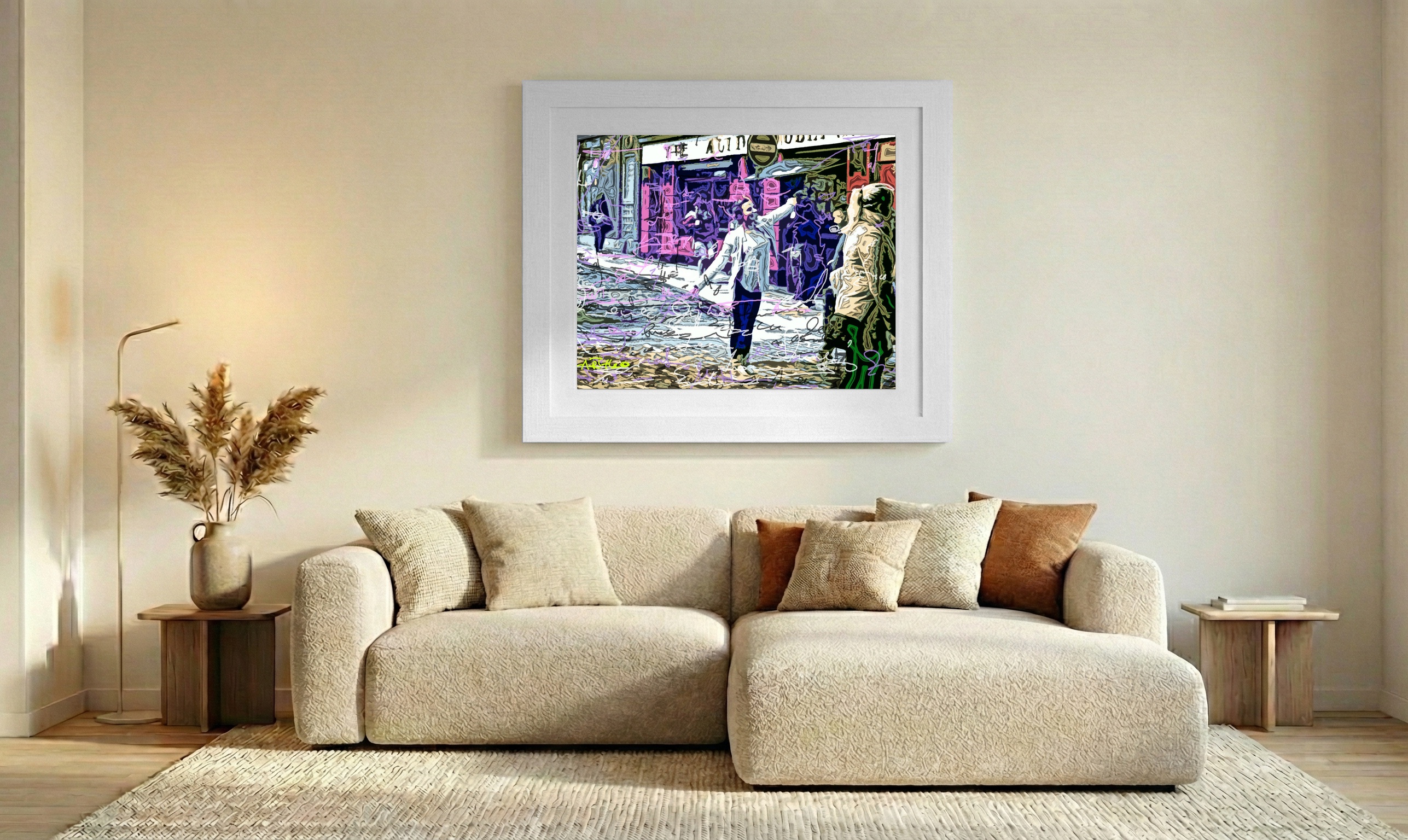 Vibrant Pink and Green Urban Scene — art on the wall, room interior preview 2