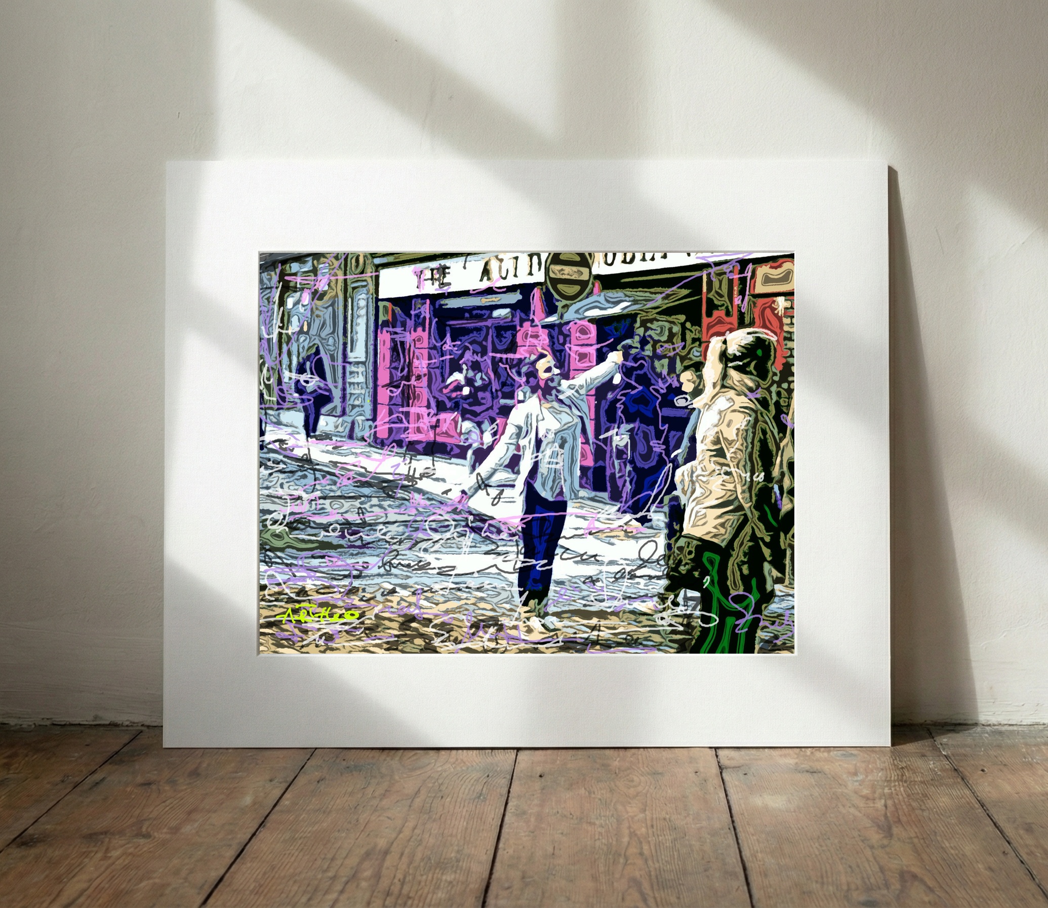 Vibrant Pink and Green Urban Scene — art on the wall, room interior preview 3