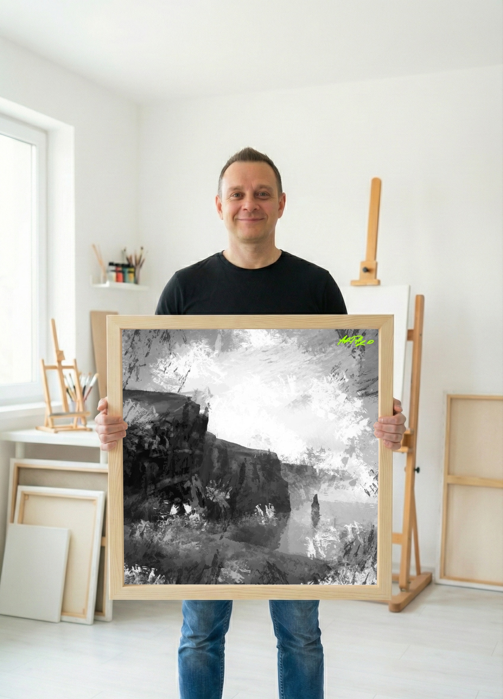 Monochrome Cliffs of Moher Digital Art — art on the wall, room interior preview 2