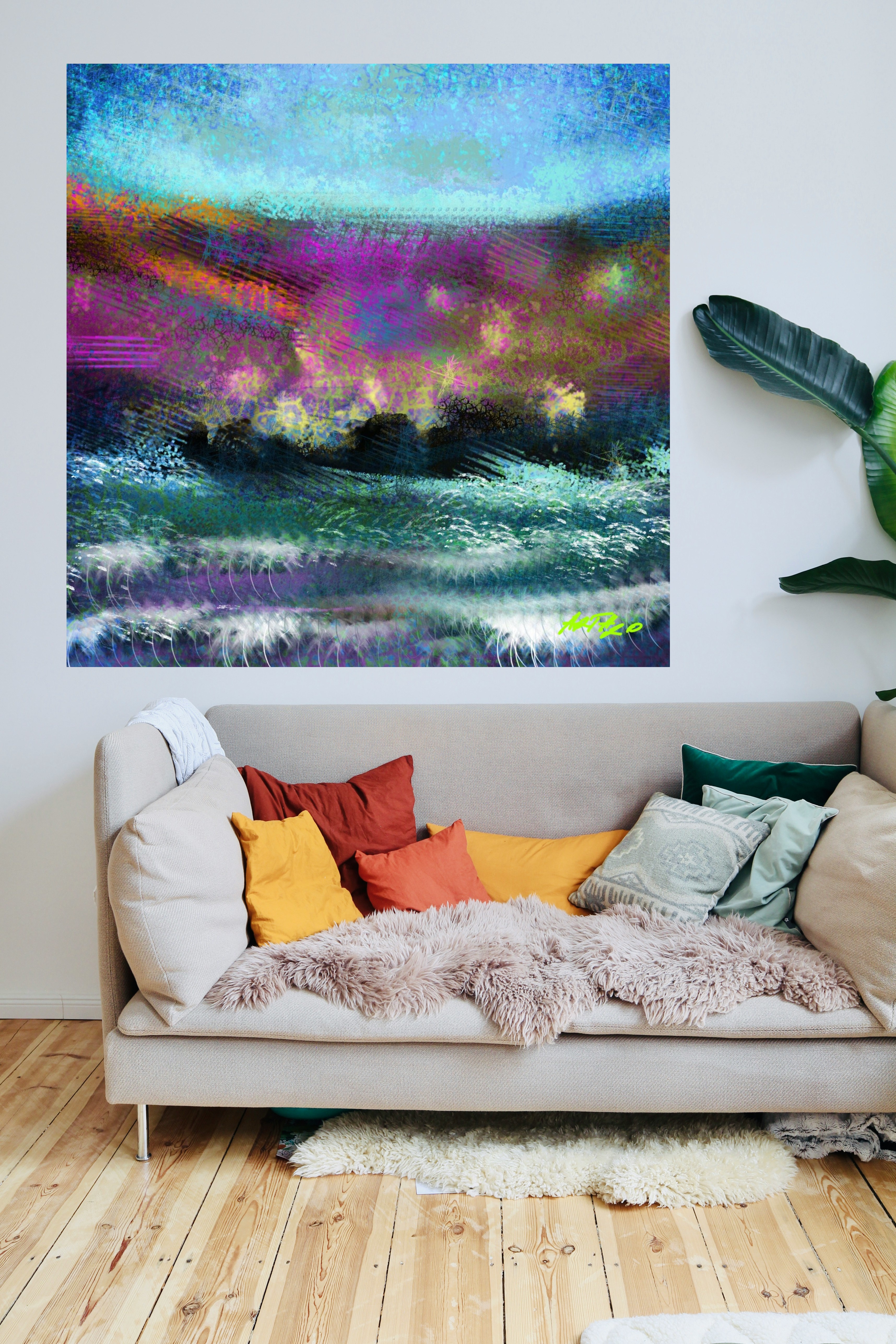 Lilac and Blue Abstract Seascape — art on the wall, room interior preview 1