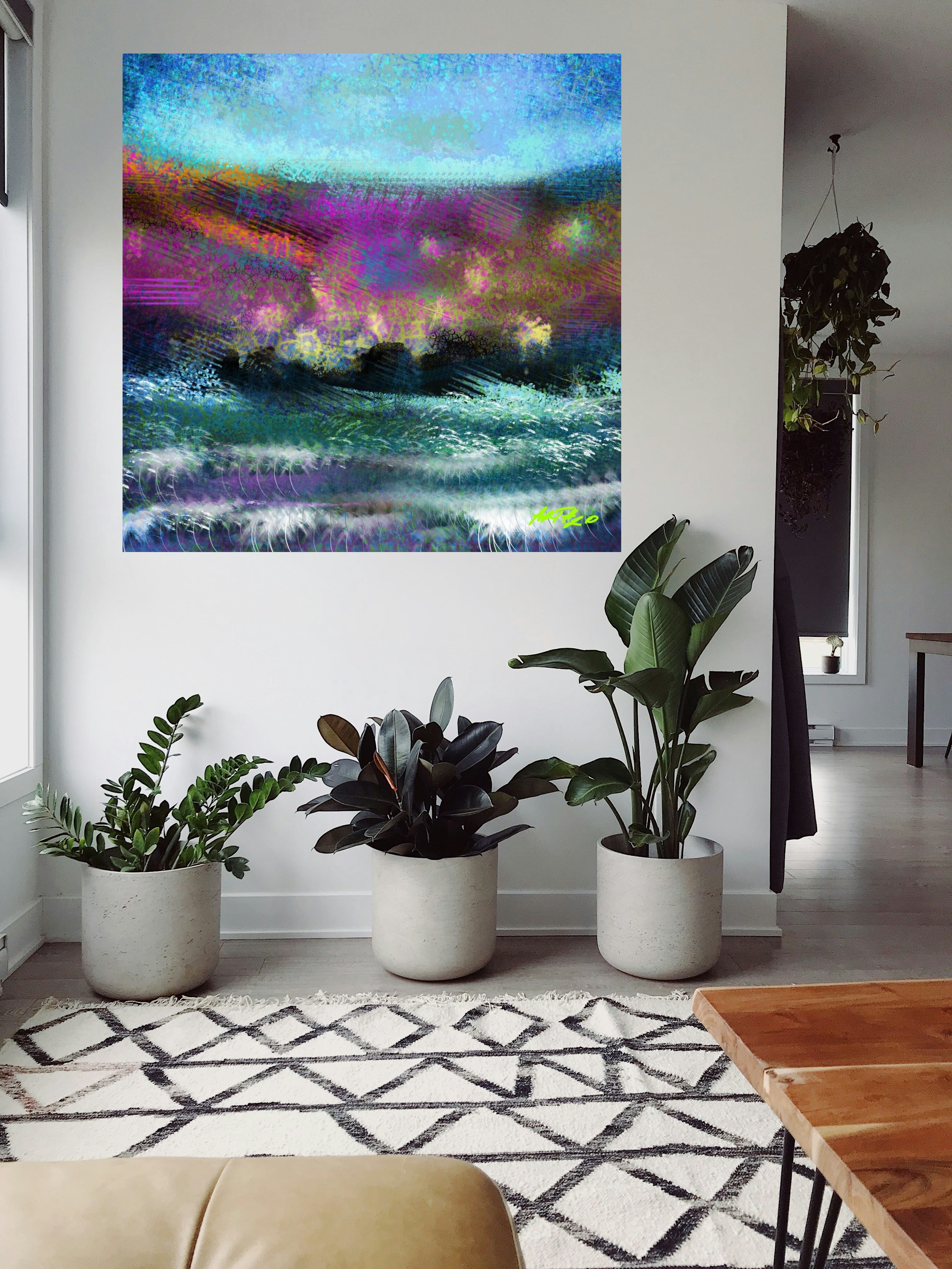 Lilac and Blue Abstract Seascape — art on the wall, room interior preview 2
