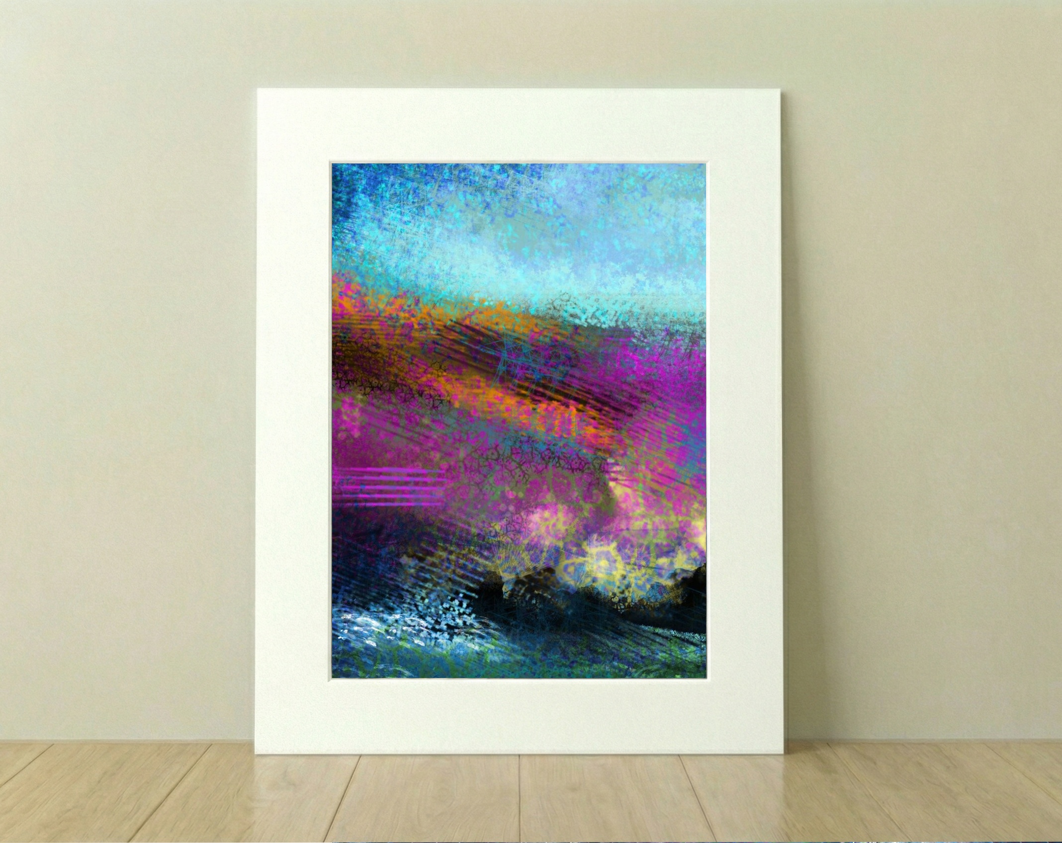 Lilac and Blue Abstract Seascape — art on the wall, room interior preview 3