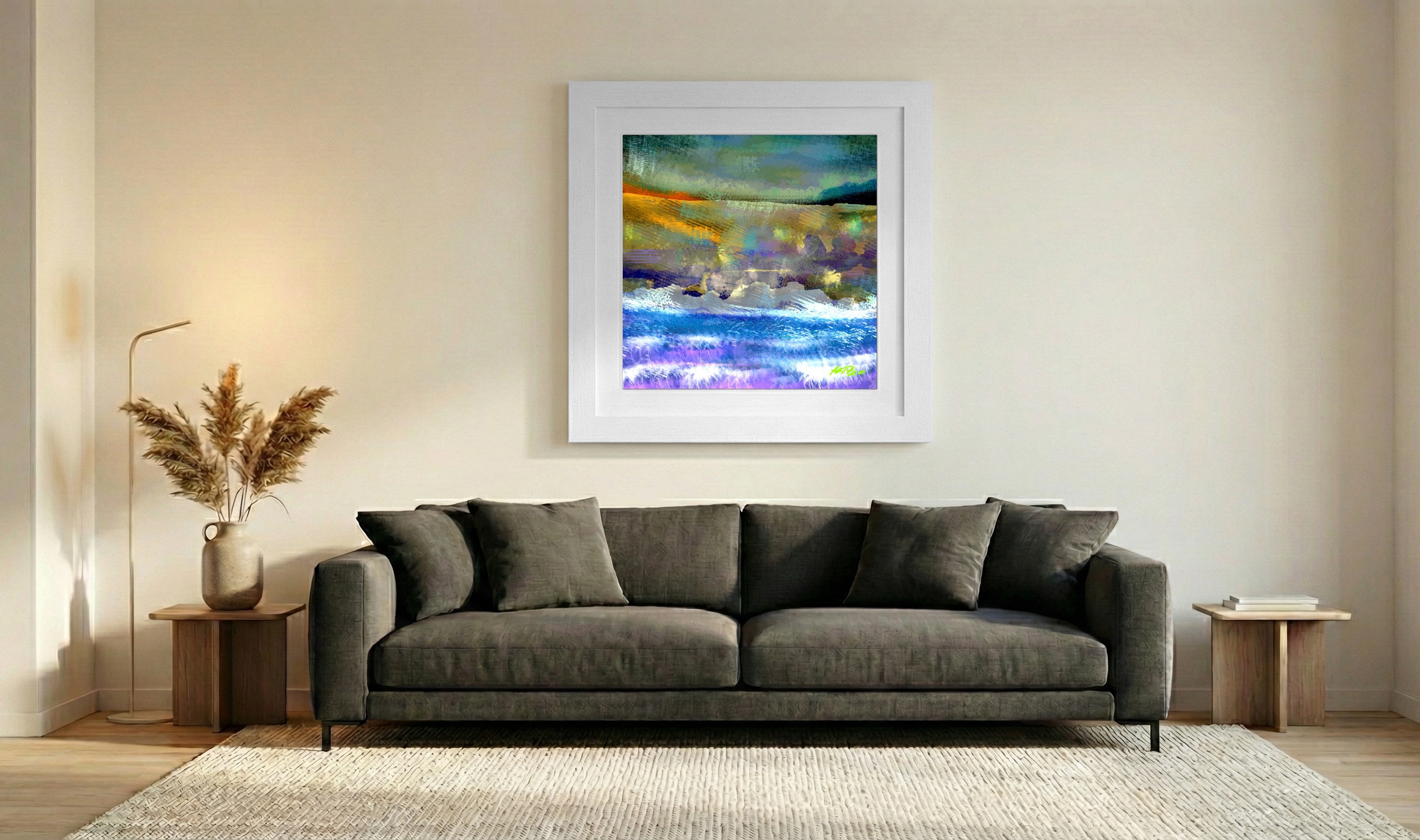Ochre and Turquoise Summer Hills — art on the wall, room interior preview 3