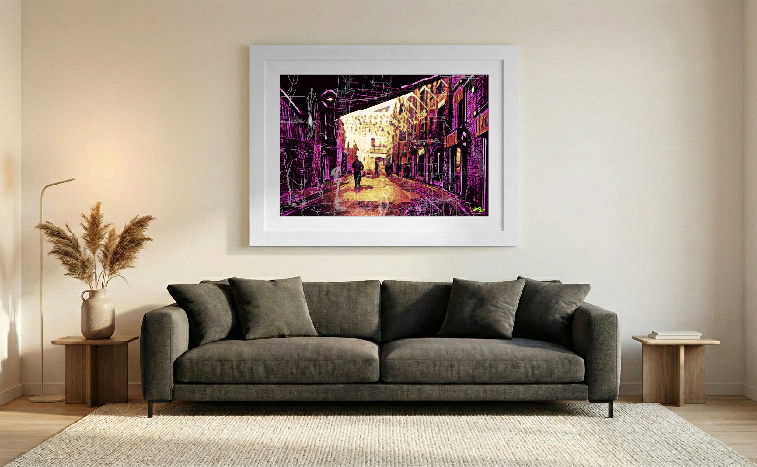 Bustling Dublin Street in Ochre and Magenta — art on the wall, room interior preview 2