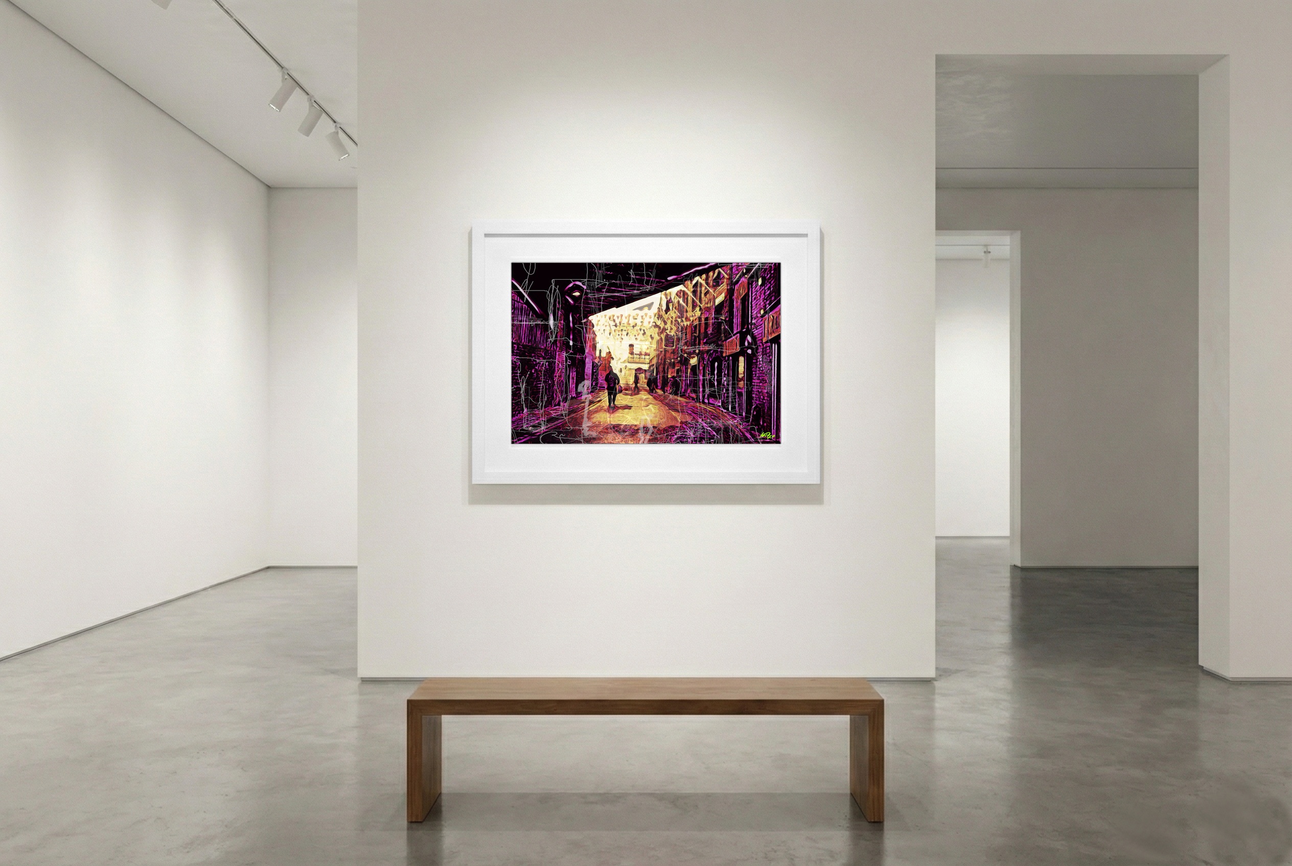 Bustling Dublin Street in Ochre and Magenta — art on the wall, room interior preview 3