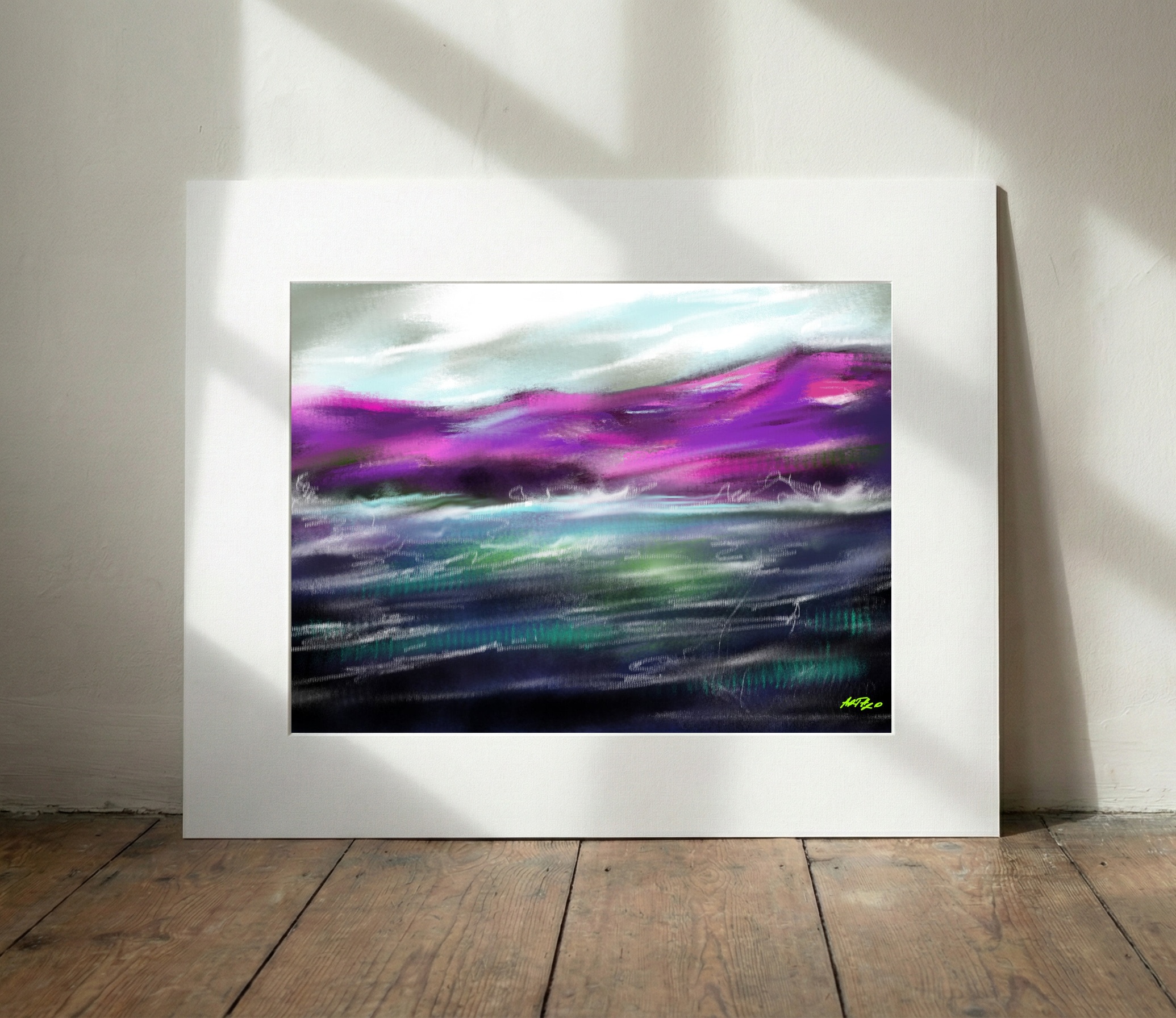 Purple and Green Coastal Abstract — art on the wall, room interior preview 3