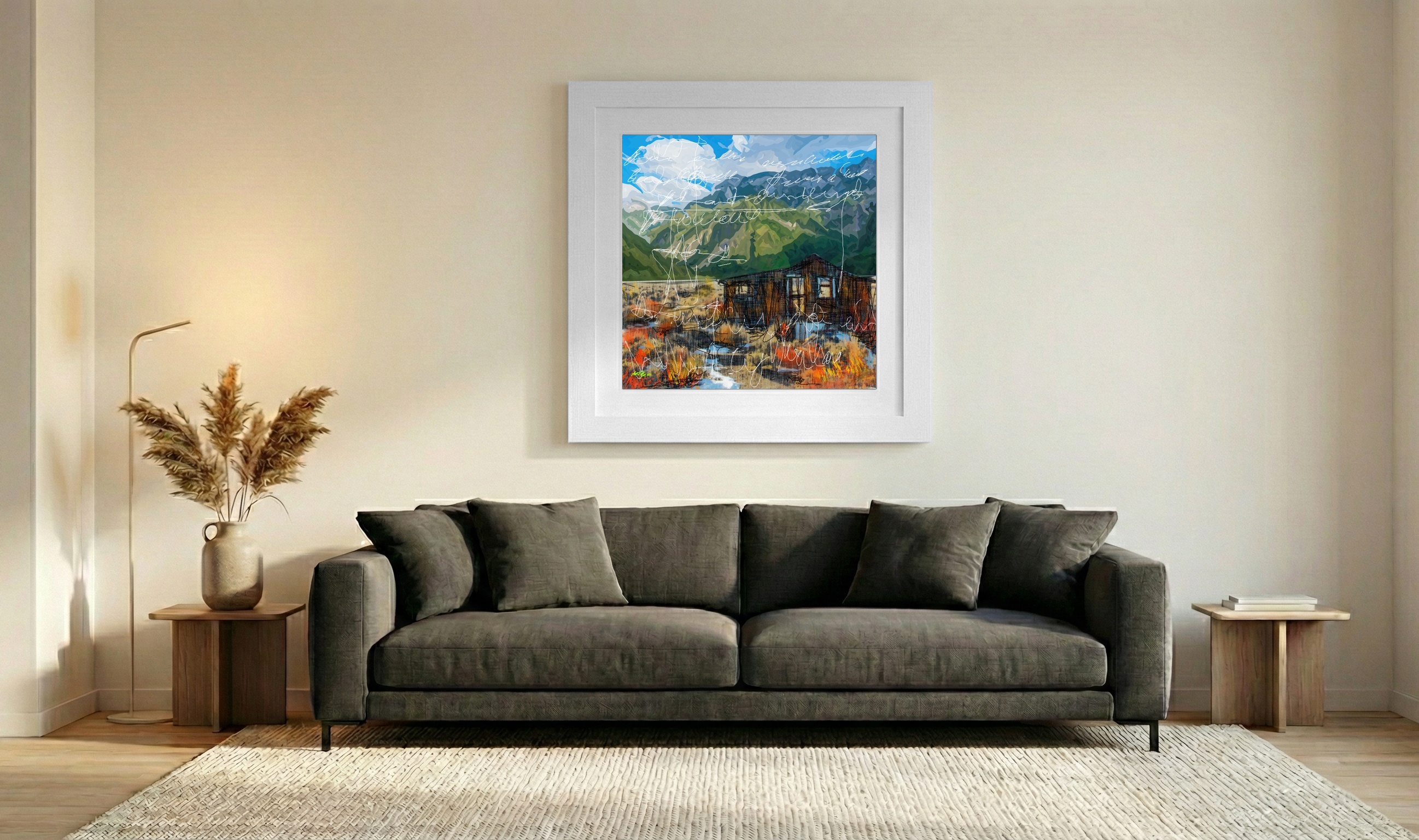 Ochre and Green Valley Scene — art on the wall, room interior preview 3