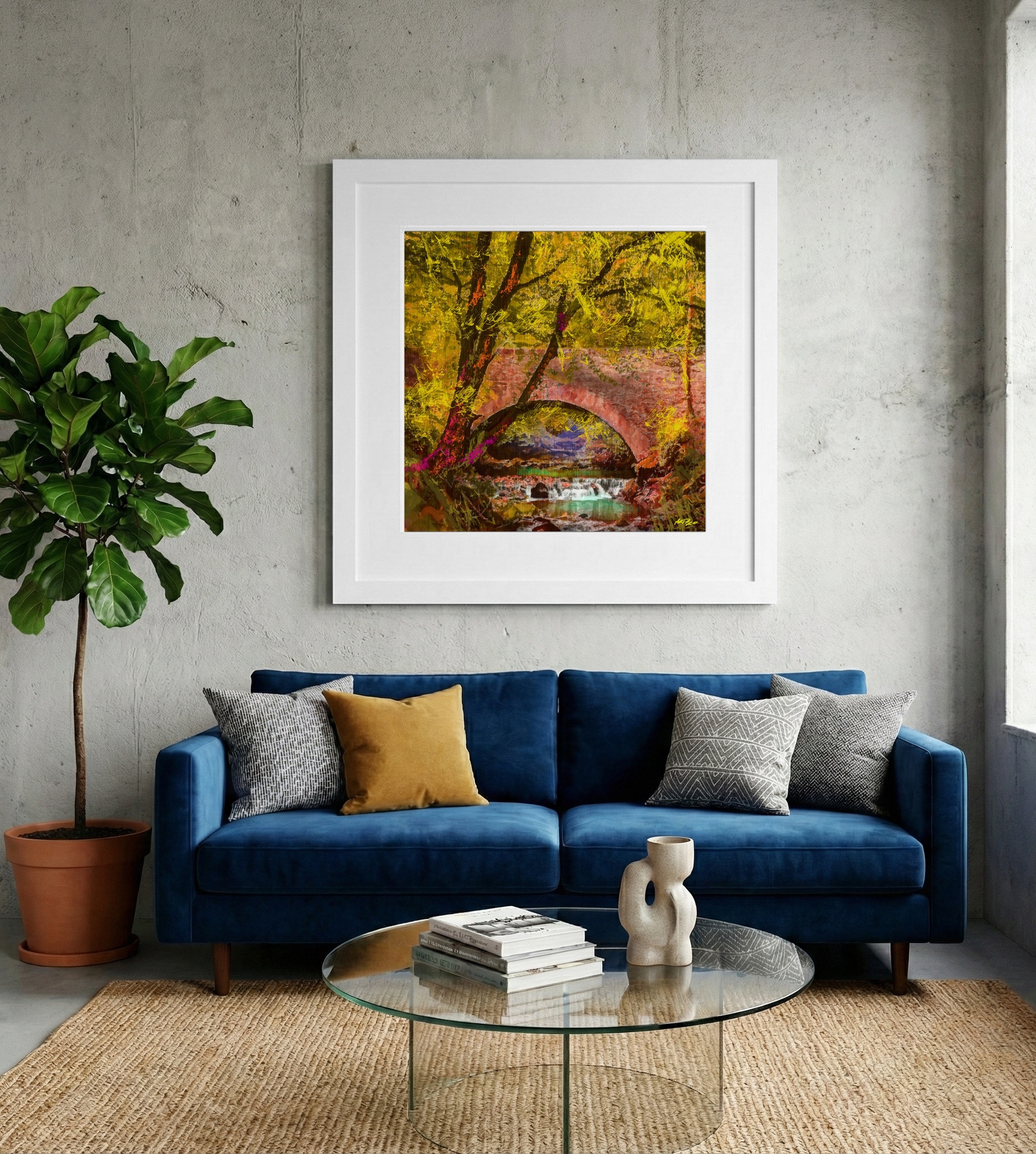Autumn Bridge in Rich Hues — art on the wall, room interior preview 2