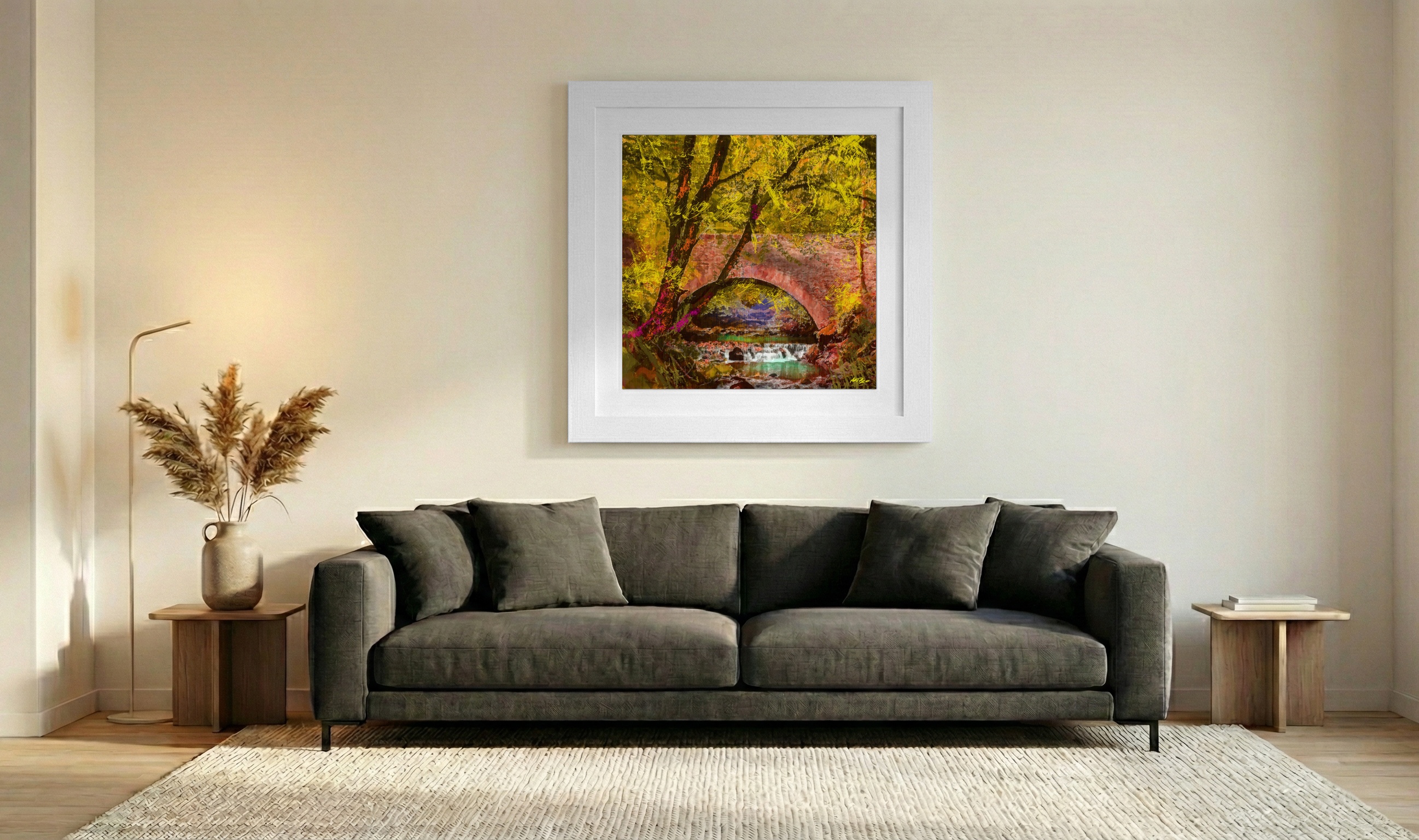 Autumn Bridge in Rich Hues — art on the wall, room interior preview 3