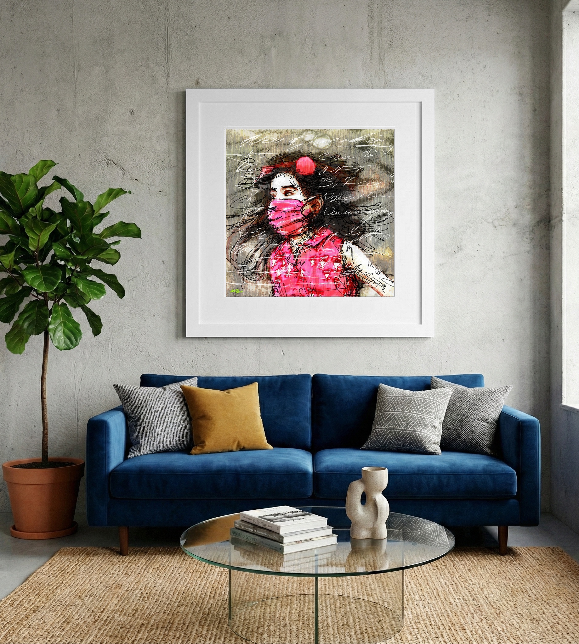 Magenta and Black Digital Masked Portrait — art on the wall, room interior preview 2