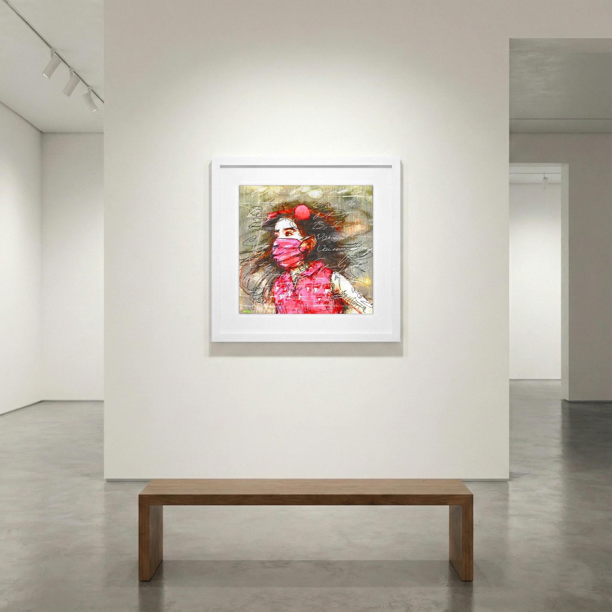 Cerise Pink Masked Girl Portrait — art on the wall, room interior preview 1